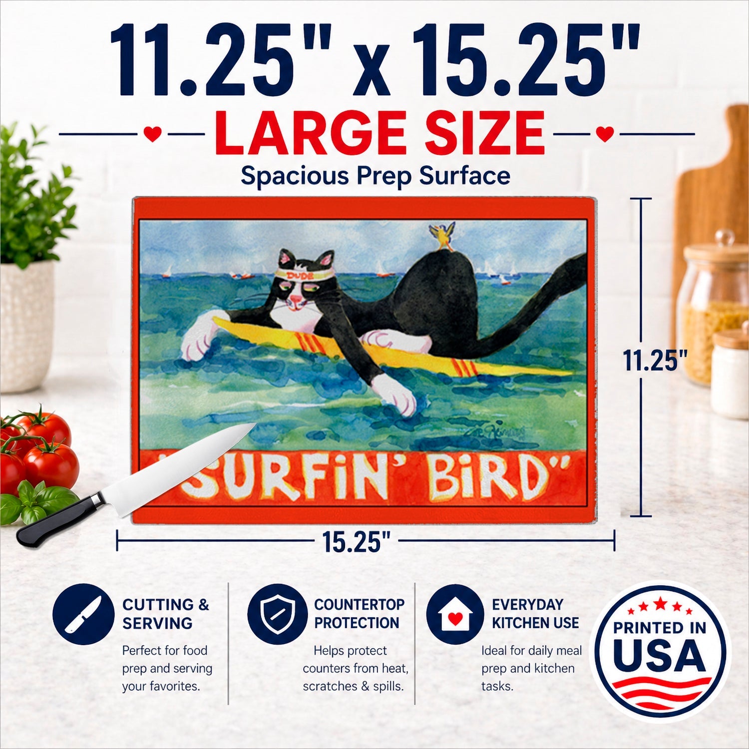 Black and white Cat Surfin Bird Cutting Board Tempered Glass Kitchen Cutting Surface, Heat Resistant Chopping, Non-Slip Feet, Food Prep & Serving