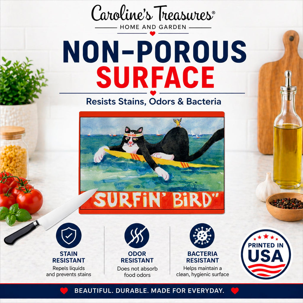 Black and white Cat Surfin Bird Cutting Board Tempered Glass Kitchen Cutting Surface, Heat Resistant Chopping, Non-Slip Feet, Food Prep & Serving