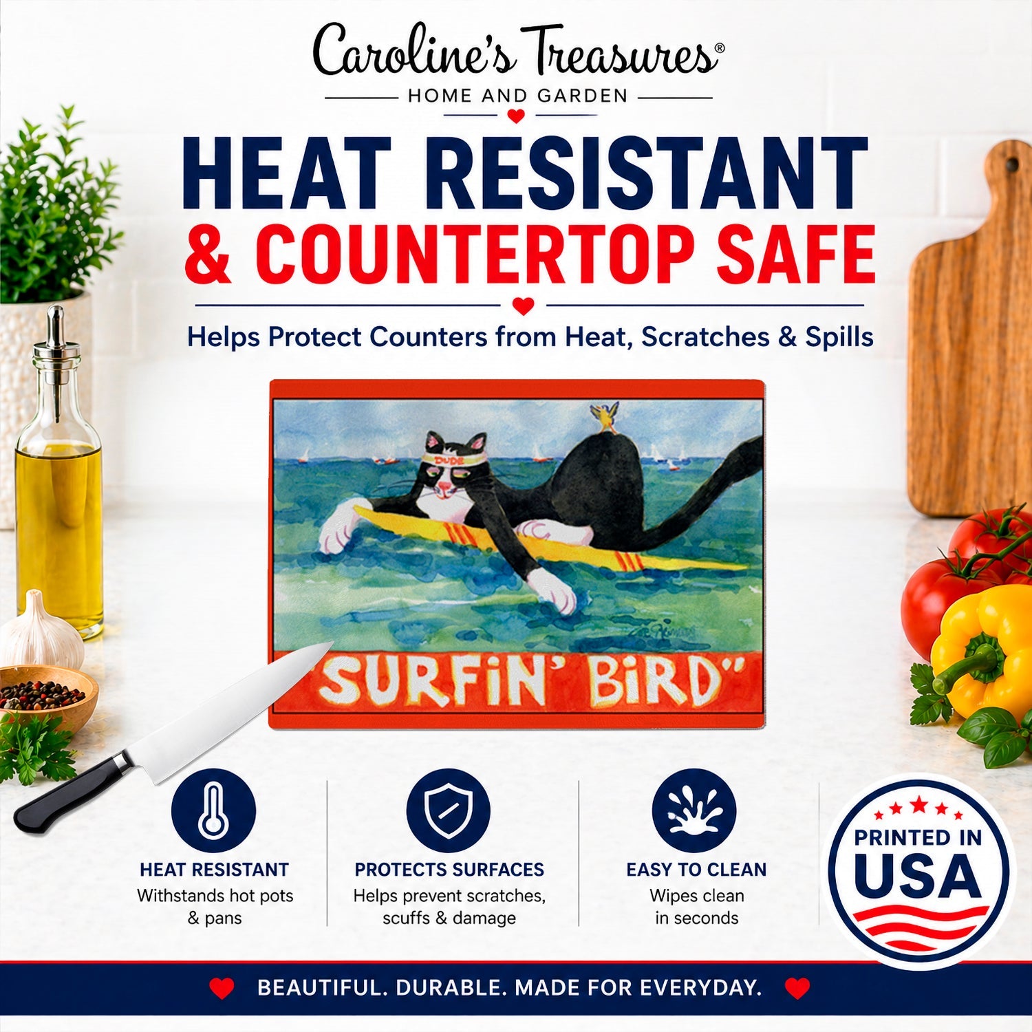 Black and white Cat Surfin Bird Cutting Board Tempered Glass Kitchen Cutting Surface, Heat Resistant Chopping, Non-Slip Feet, Food Prep & Serving