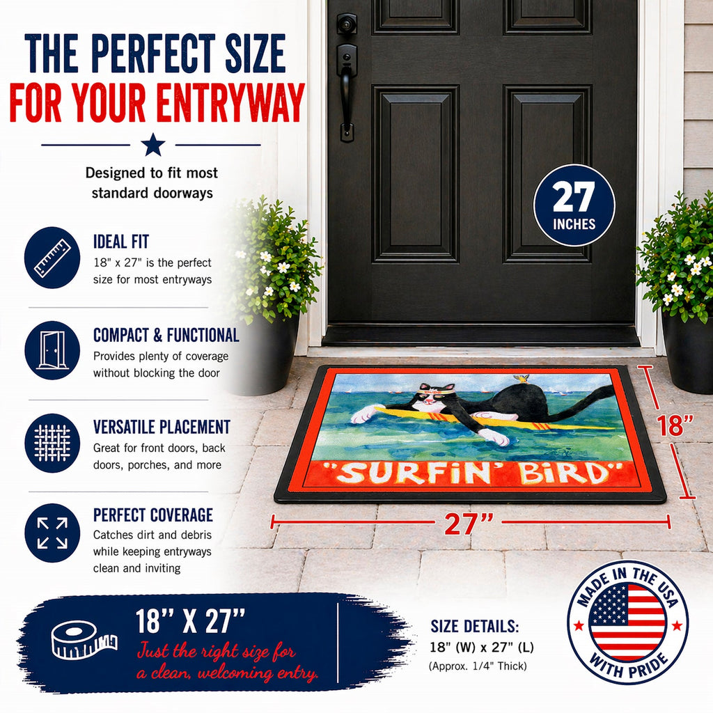Black and white Cat Surfin Bird Doormat Indoor Outdoor 18H X 27W Front Door Mat Rugs for Entryway, Non Slip Washable