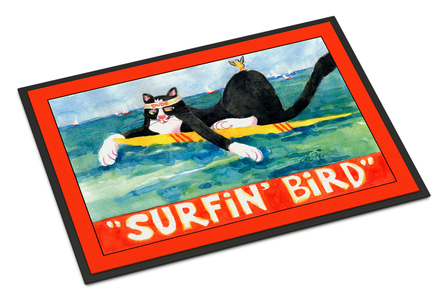 Black and white Cat Surfin Bird Doormat Indoor Outdoor 18H X 27W Front Door Mat Rugs for Entryway, Non Slip Washable