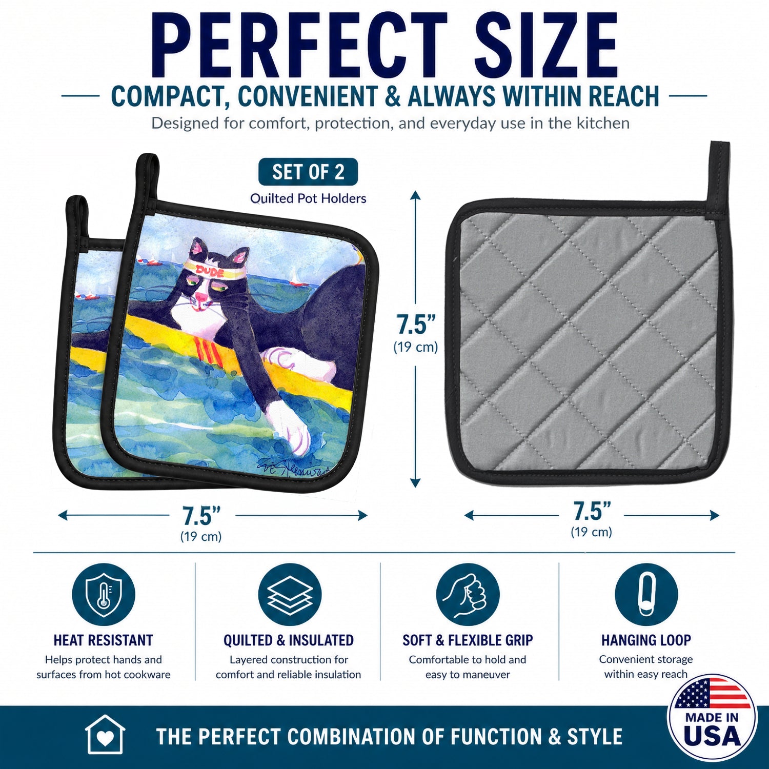 Black and white Cat Surfin Bird Pot Holder Set of 2 Heat Resistant Quilted Hot Pads 7.5 x 7.5 Inch, Insulated Kitchen Trivets for Cooking & Baking