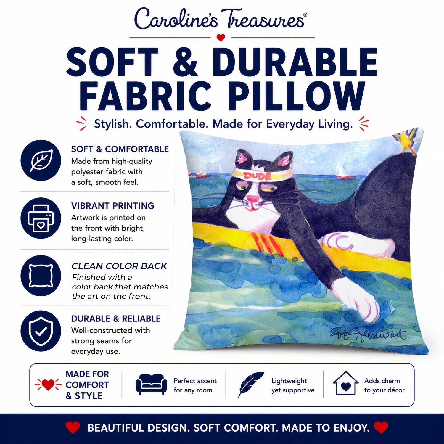 Black and white Cat Surfin Bird Decorative Throw Pillow 14x14 Indoor Outdoor Accent Cushion, Fabric Cover with Insert for Sofa, Bed, Porch & Living Room