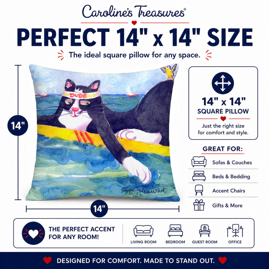 Black and white Cat Surfin Bird Decorative Throw Pillow 14x14 Indoor Outdoor Accent Cushion, Fabric Cover with Insert for Sofa, Bed, Porch & Living Room
