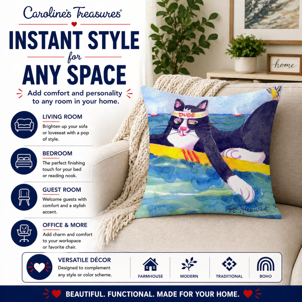 Black and white Cat Surfin Bird Decorative Throw Pillow 14x14 Indoor Outdoor Accent Cushion, Fabric Cover with Insert for Sofa, Bed, Porch & Living Room