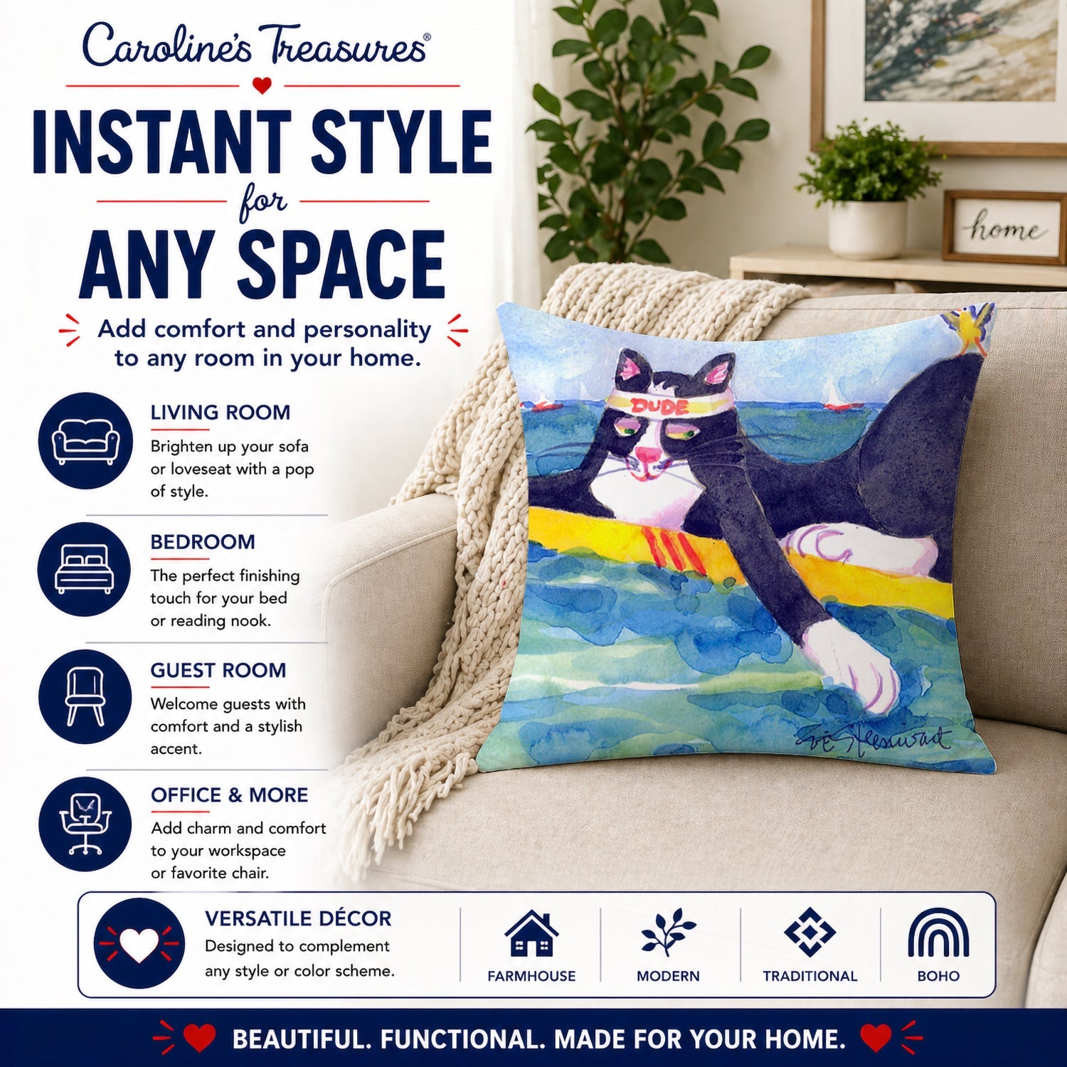 Black and white Cat Surfin Bird Decorative Throw Pillow 14x14 Indoor Outdoor Accent Cushion, Fabric Cover with Insert for Sofa, Bed, Porch & Living Room