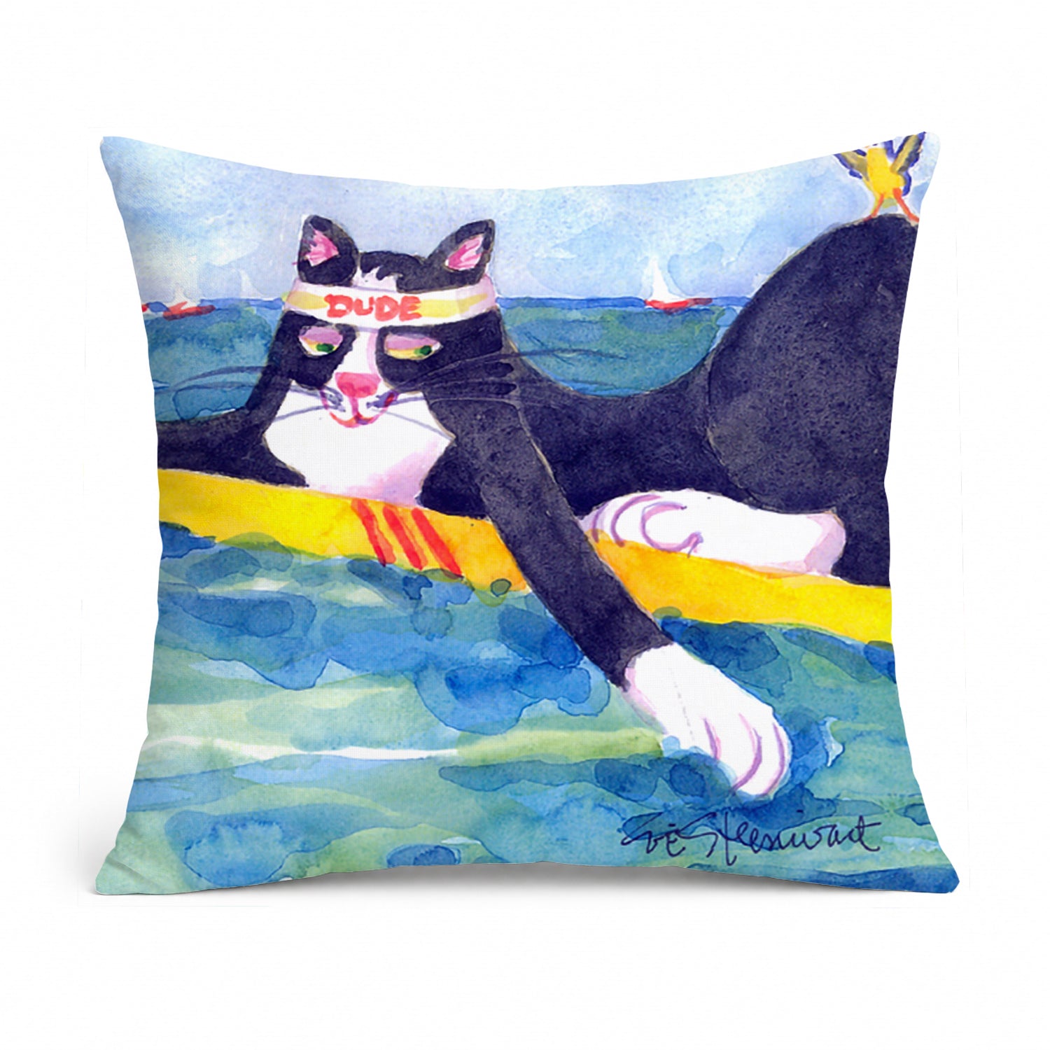 Black and white Cat Surfin Bird Decorative Throw Pillow 14x14 Indoor Outdoor Accent Cushion, Fabric Cover with Insert for Sofa, Bed, Porch & Living Room