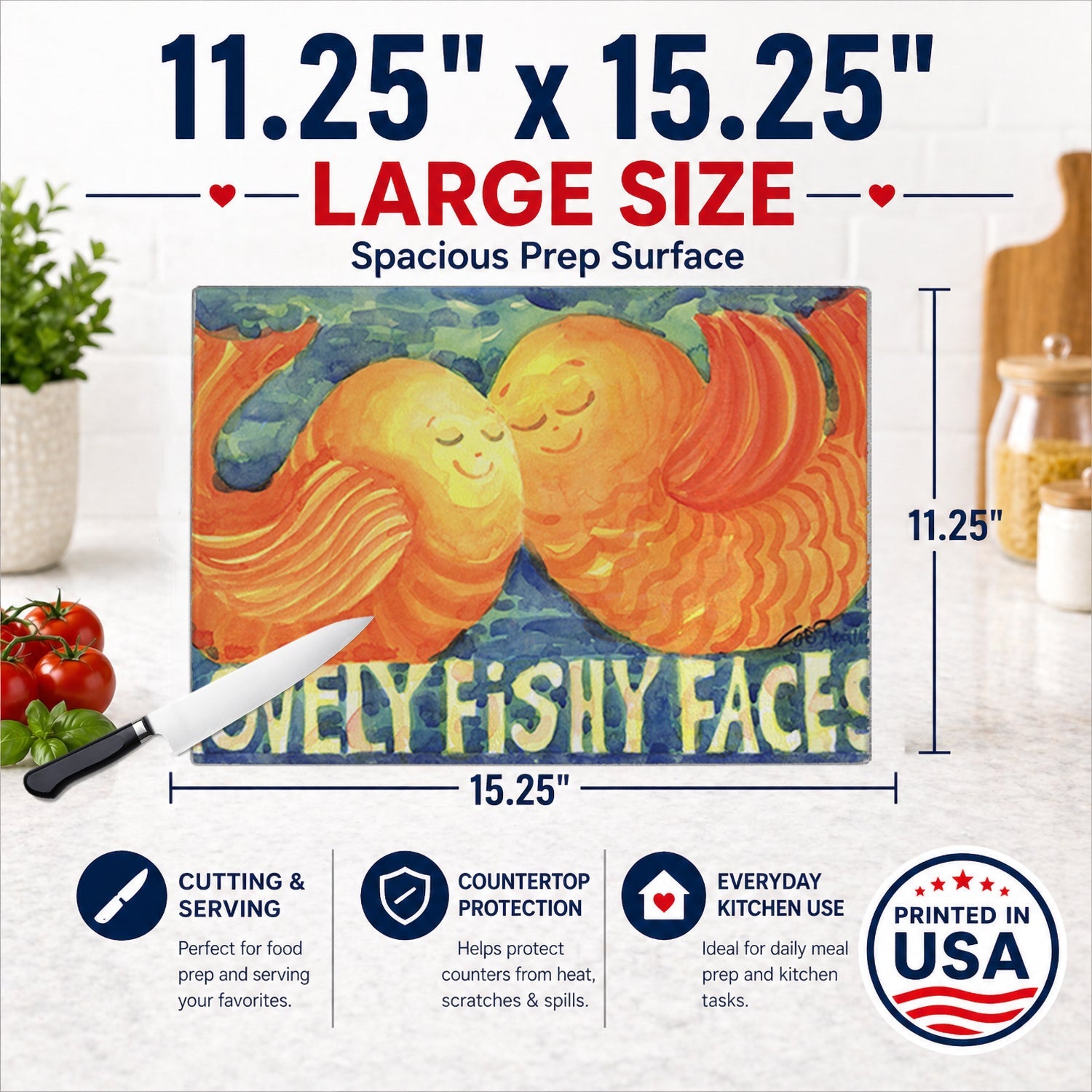 Fish - Kissing Fish Cutting Board Tempered Glass Kitchen Cutting Surface, Heat Resistant Chopping, Non-Slip Feet, Food Prep & Serving