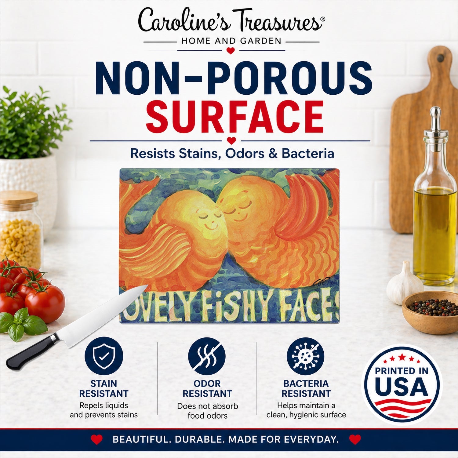 Fish - Kissing Fish Cutting Board Tempered Glass Kitchen Cutting Surface, Heat Resistant Chopping, Non-Slip Feet, Food Prep & Serving