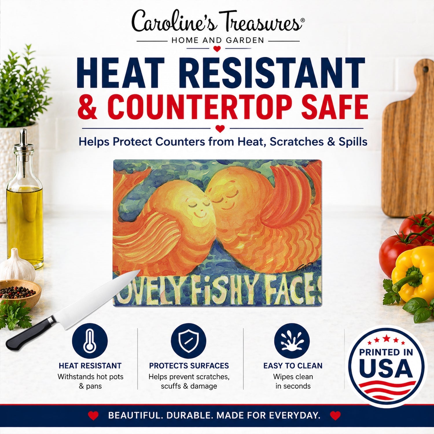 Fish - Kissing Fish Cutting Board Tempered Glass Kitchen Cutting Surface, Heat Resistant Chopping, Non-Slip Feet, Food Prep & Serving