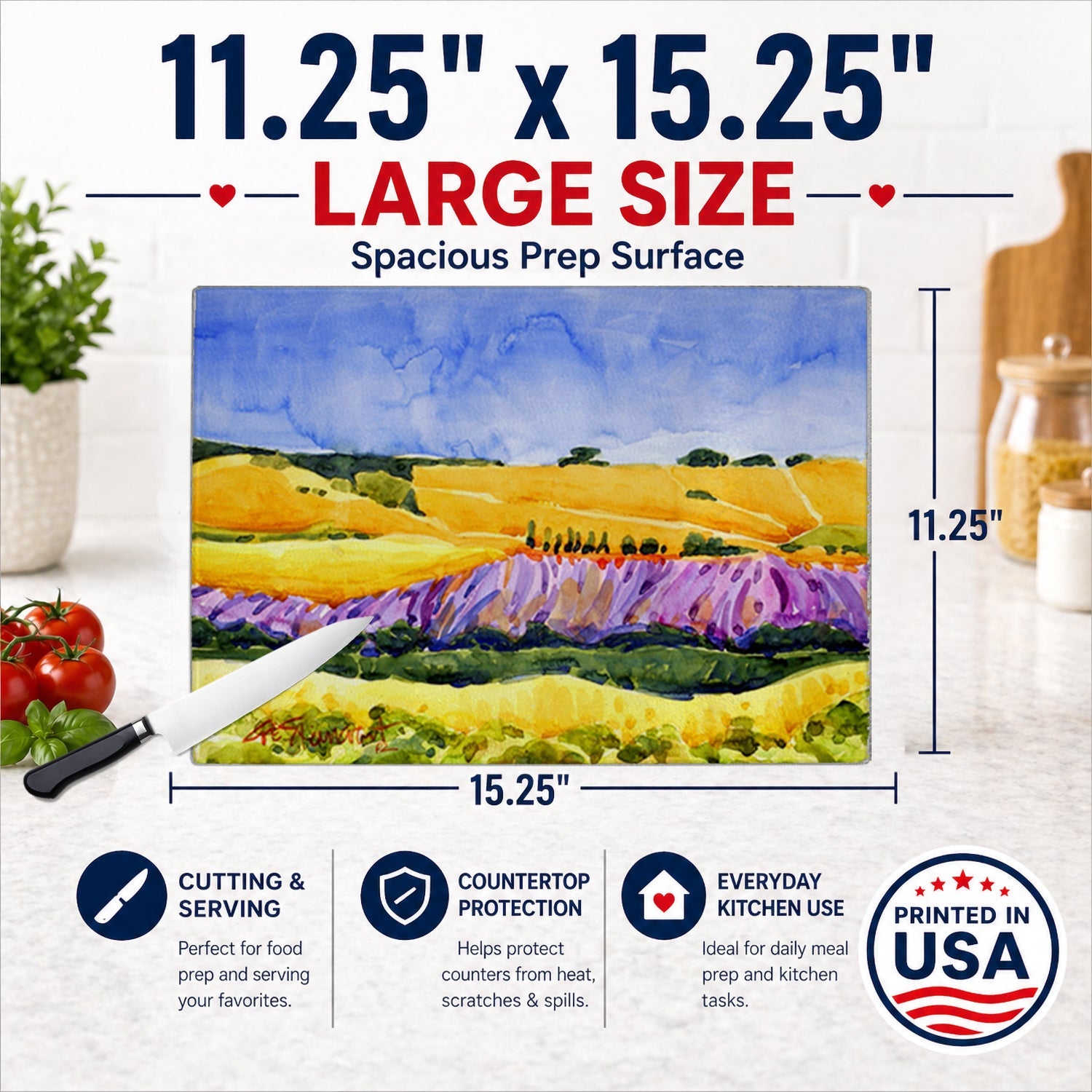 Landscape Cutting Board Tempered Glass Kitchen Cutting Surface, Heat Resistant Chopping, Non-Slip Feet, Food Prep & Serving