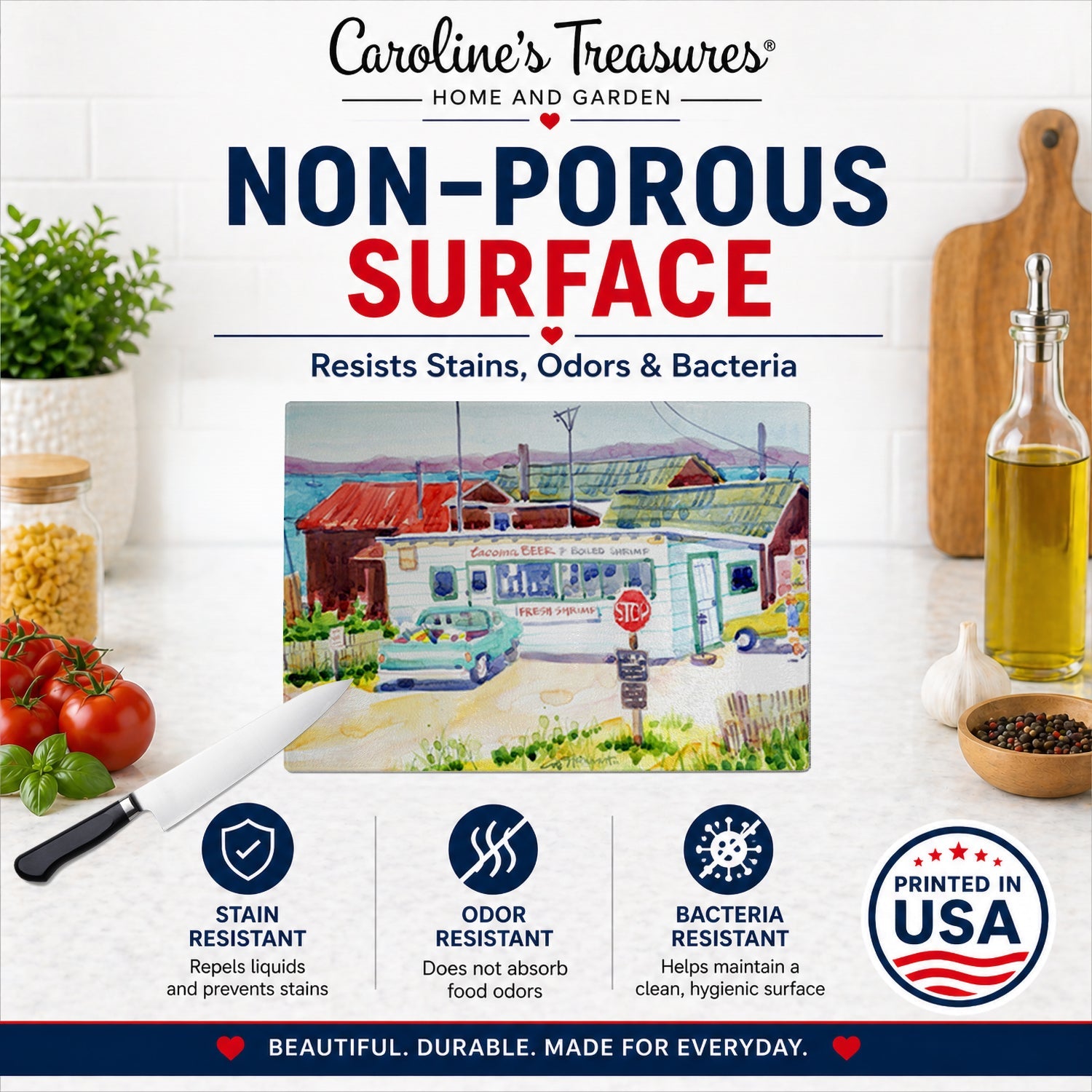 Seafood Shack for fresh shrimp Cutting Board Tempered Glass Kitchen Cutting Surface, Heat Resistant Chopping, Non-Slip Feet, Food Prep & Serving