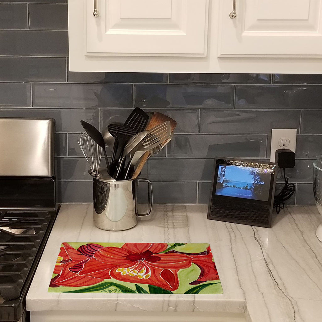 Flower - Amaryllis Cutting Board Tempered Glass Kitchen Cutting Surface, Heat Resistant Chopping, Non-Slip Feet, Food Prep & Serving