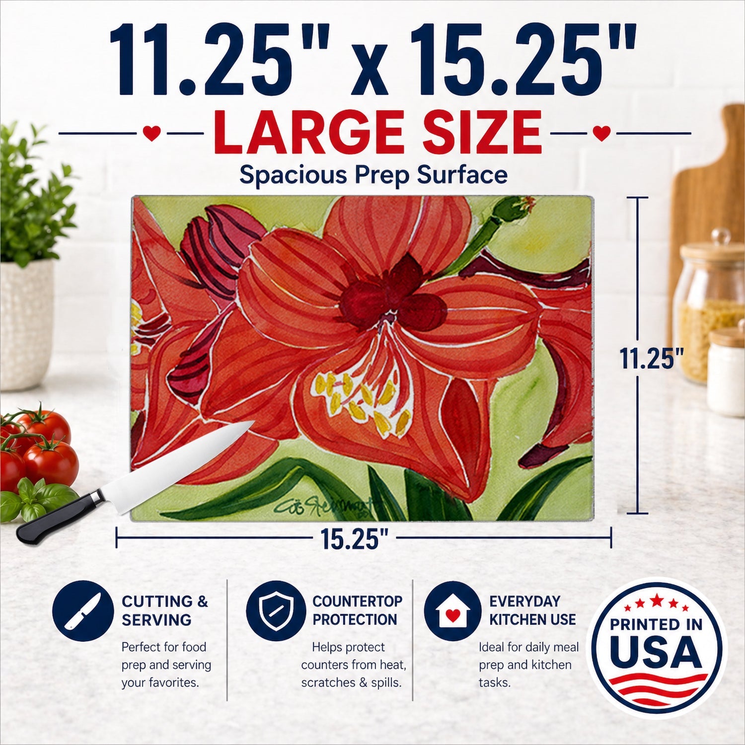 Flower - Amaryllis Cutting Board Tempered Glass Kitchen Cutting Surface, Heat Resistant Chopping, Non-Slip Feet, Food Prep & Serving