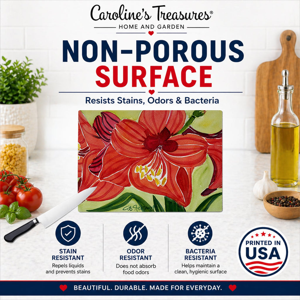 Flower - Amaryllis Cutting Board Tempered Glass Kitchen Cutting Surface, Heat Resistant Chopping, Non-Slip Feet, Food Prep & Serving