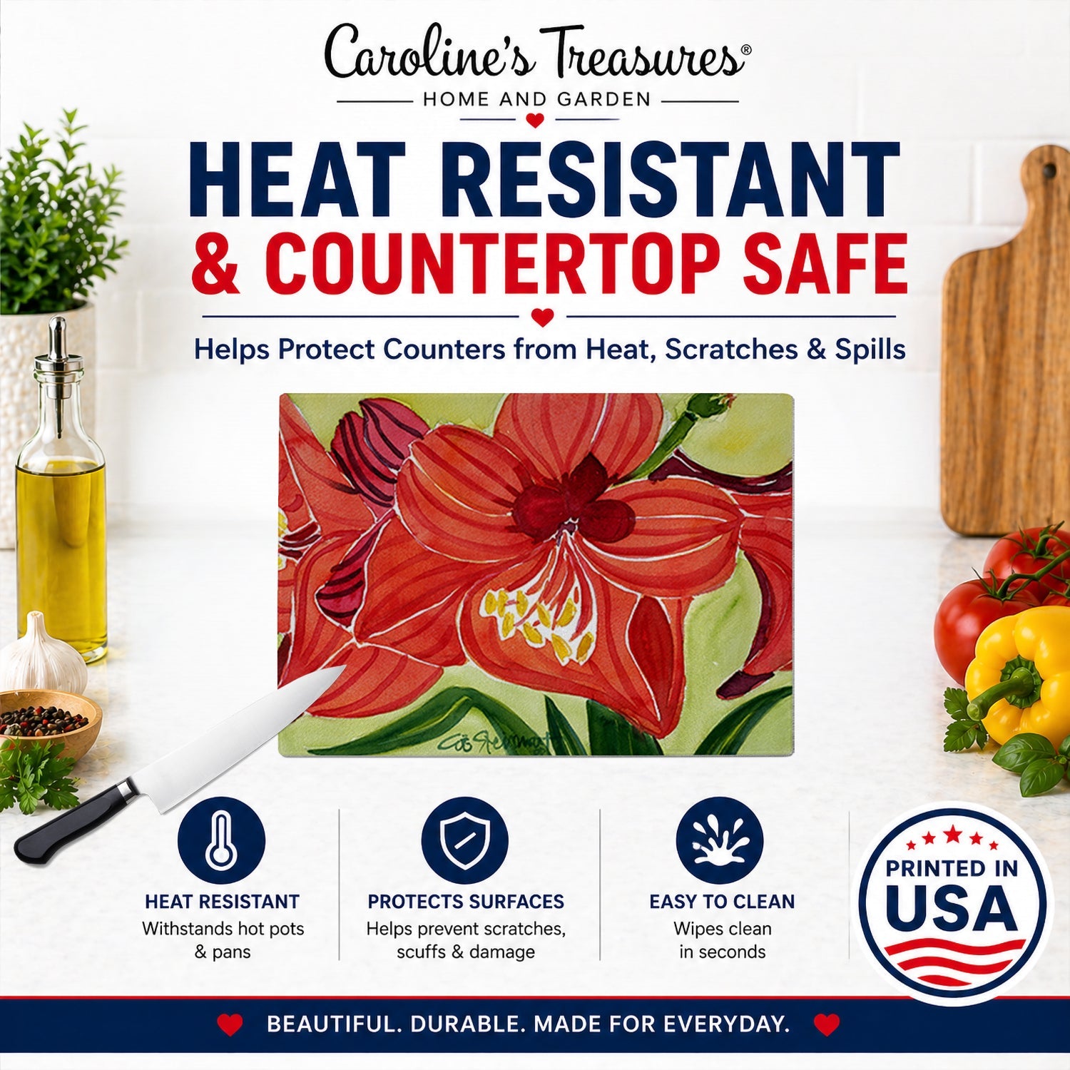 Flower - Amaryllis Cutting Board Tempered Glass Kitchen Cutting Surface, Heat Resistant Chopping, Non-Slip Feet, Food Prep & Serving
