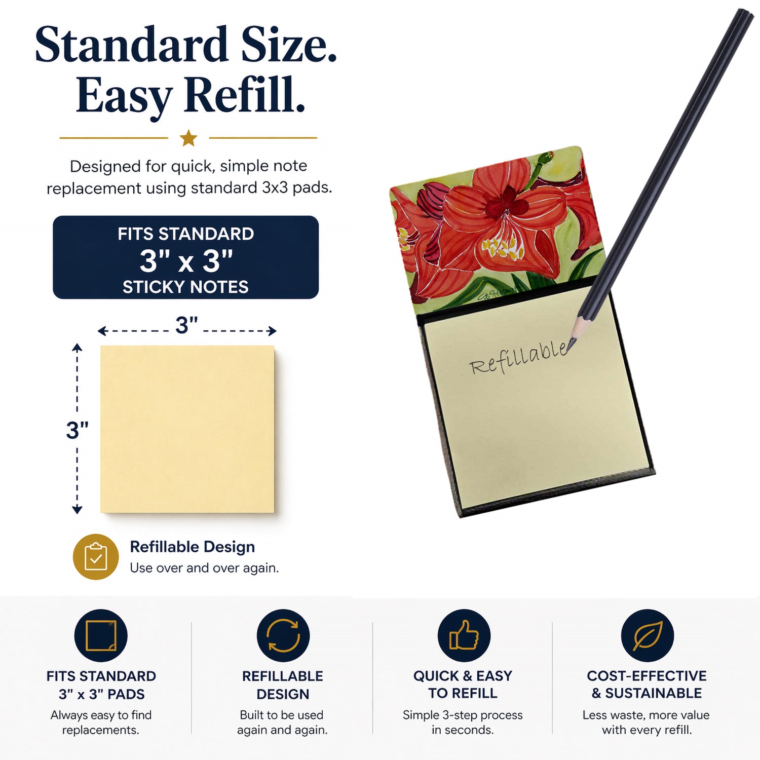 Flower - Amaryllis Watercolor Sticky Note Holder Refillable Dispenser Desk Accessory 3x3 Pad Gift