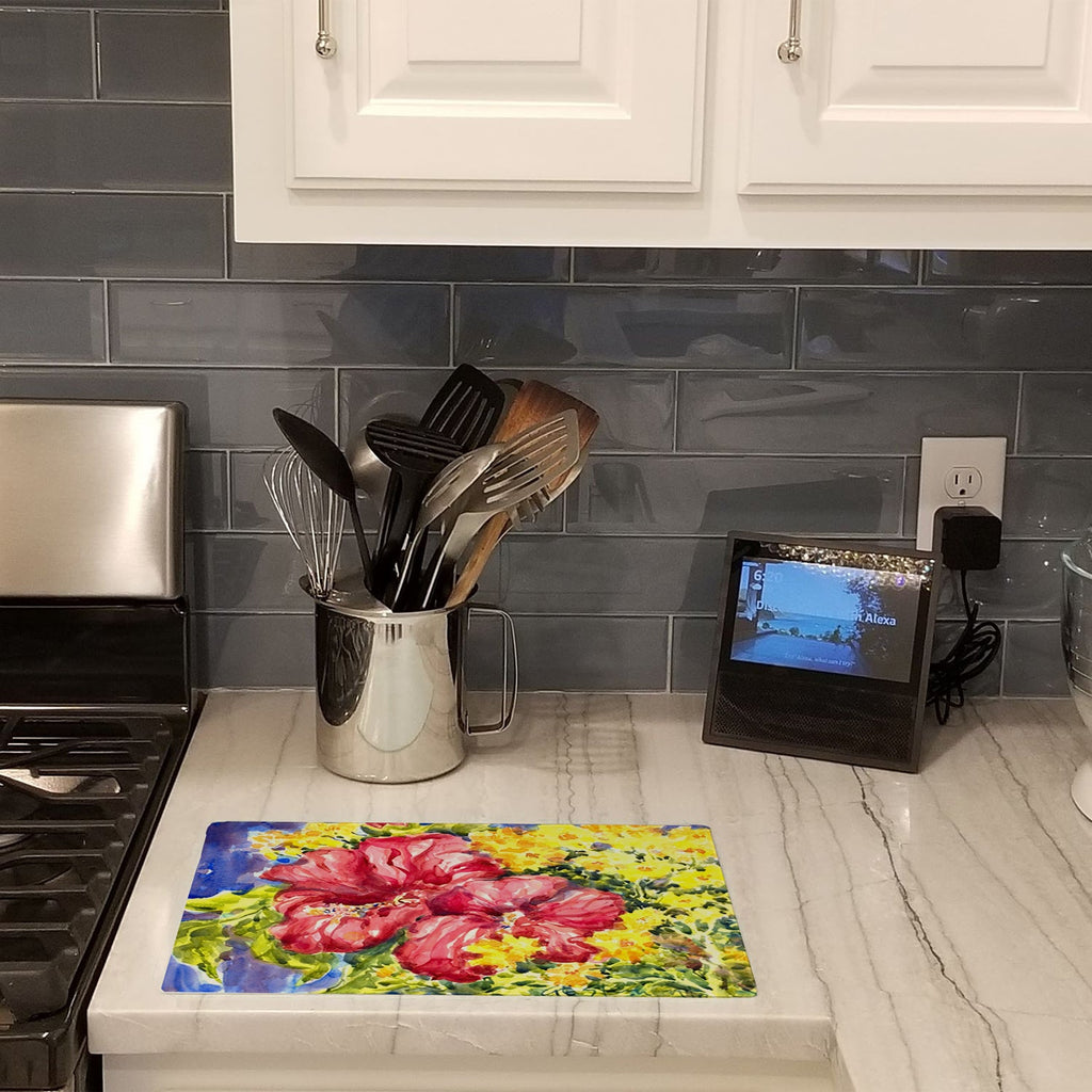 Flower - Hibiscus Cutting Board Tempered Glass Kitchen Cutting Surface, Heat Resistant Chopping, Non-Slip Feet, Food Prep & Serving