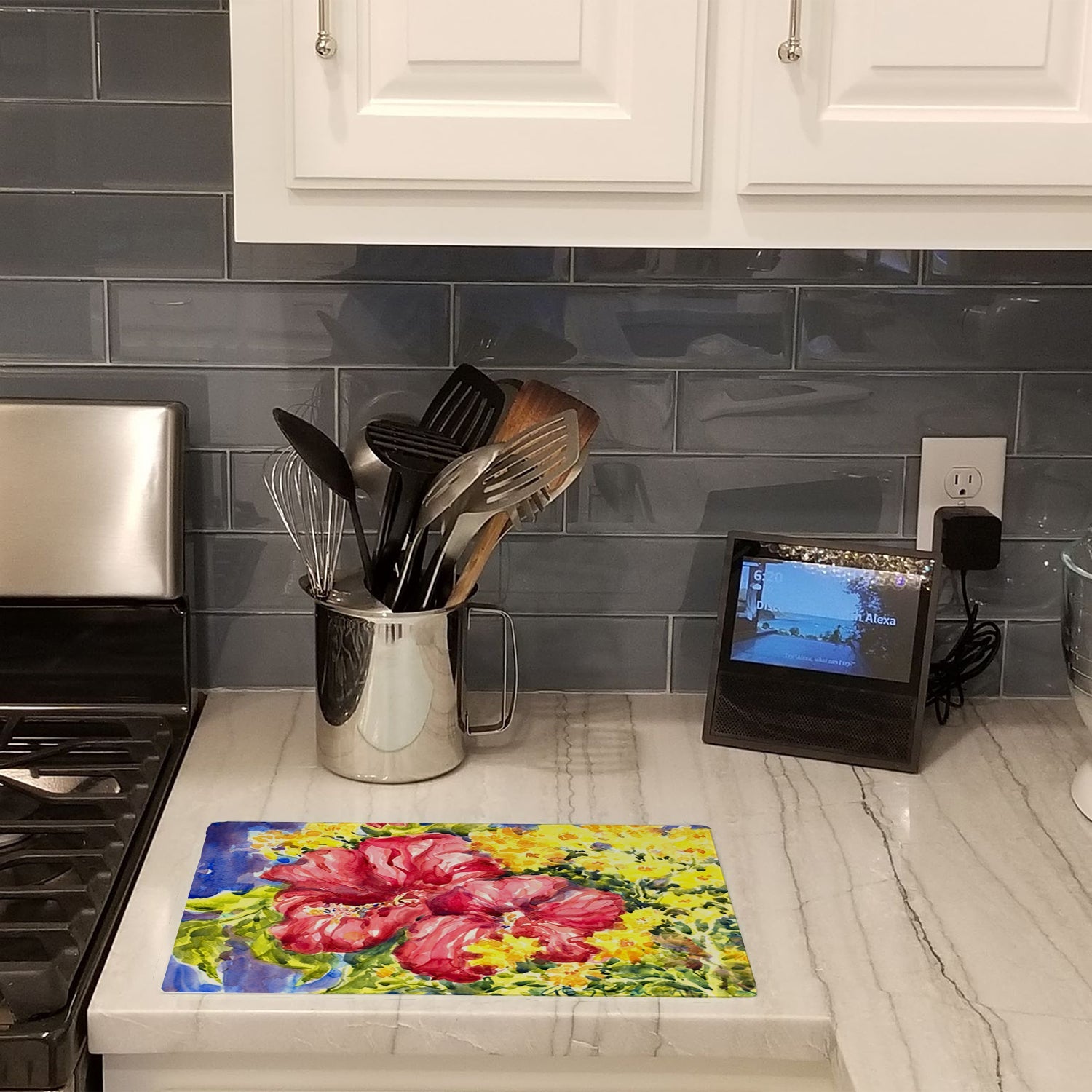 Flower - Hibiscus Cutting Board Tempered Glass Kitchen Cutting Surface, Heat Resistant Chopping, Non-Slip Feet, Food Prep & Serving