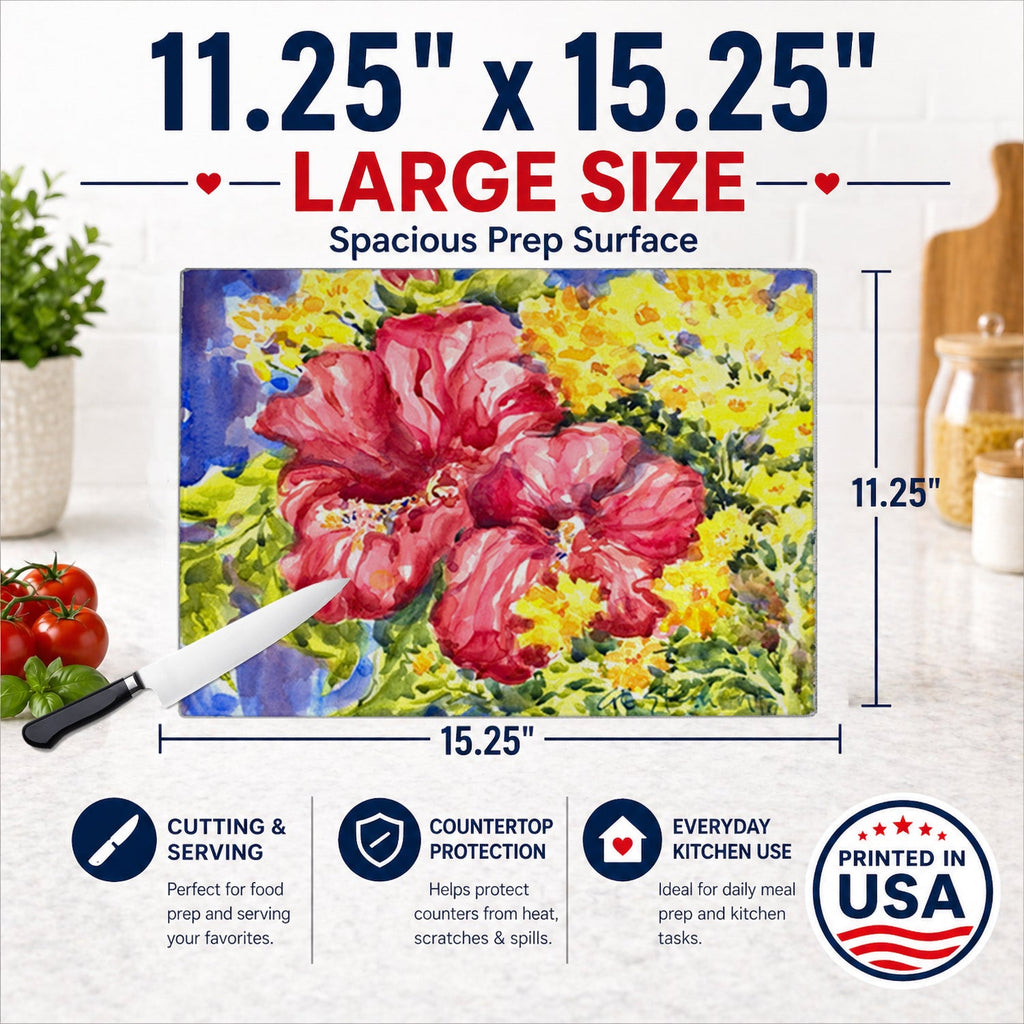 Flower - Hibiscus Cutting Board Tempered Glass Kitchen Cutting Surface, Heat Resistant Chopping, Non-Slip Feet, Food Prep & Serving
