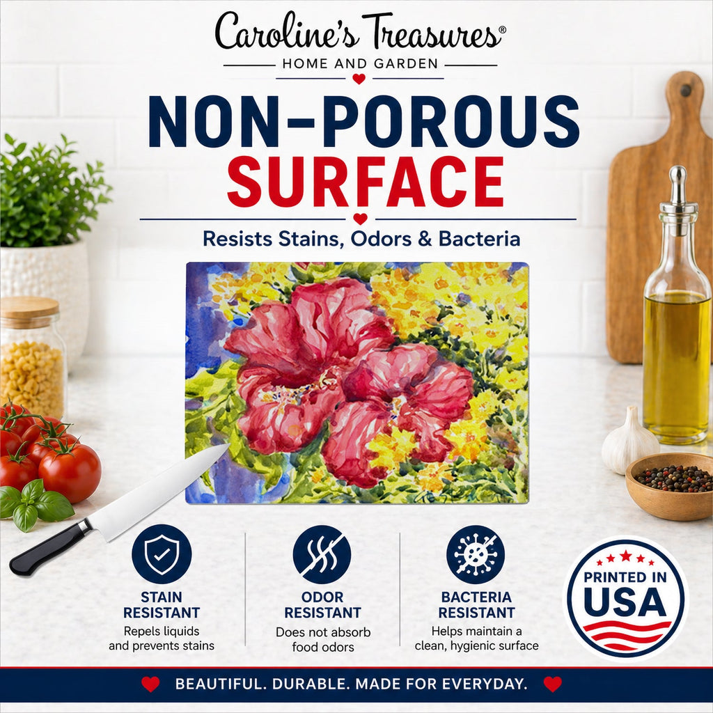 Flower - Hibiscus Cutting Board Tempered Glass Kitchen Cutting Surface, Heat Resistant Chopping, Non-Slip Feet, Food Prep & Serving