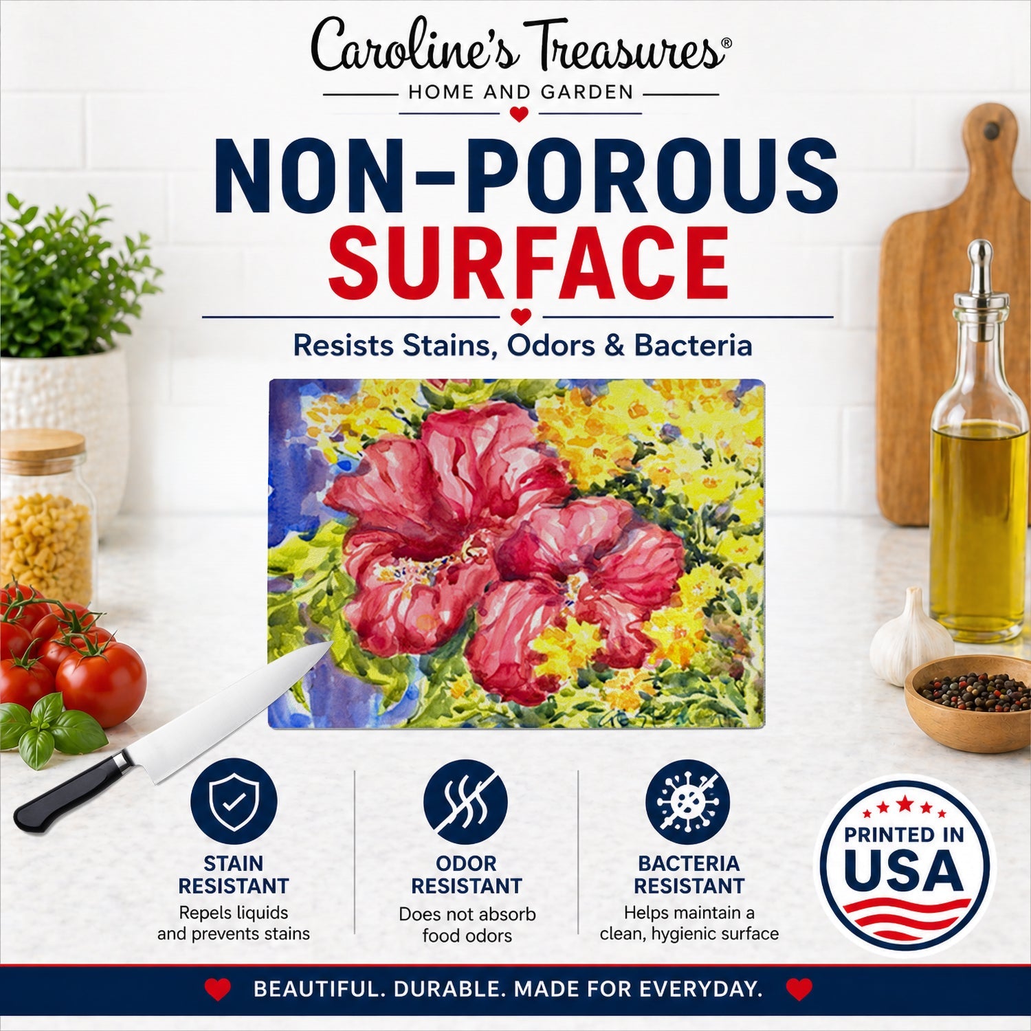 Flower - Hibiscus Cutting Board Tempered Glass Kitchen Cutting Surface, Heat Resistant Chopping, Non-Slip Feet, Food Prep & Serving
