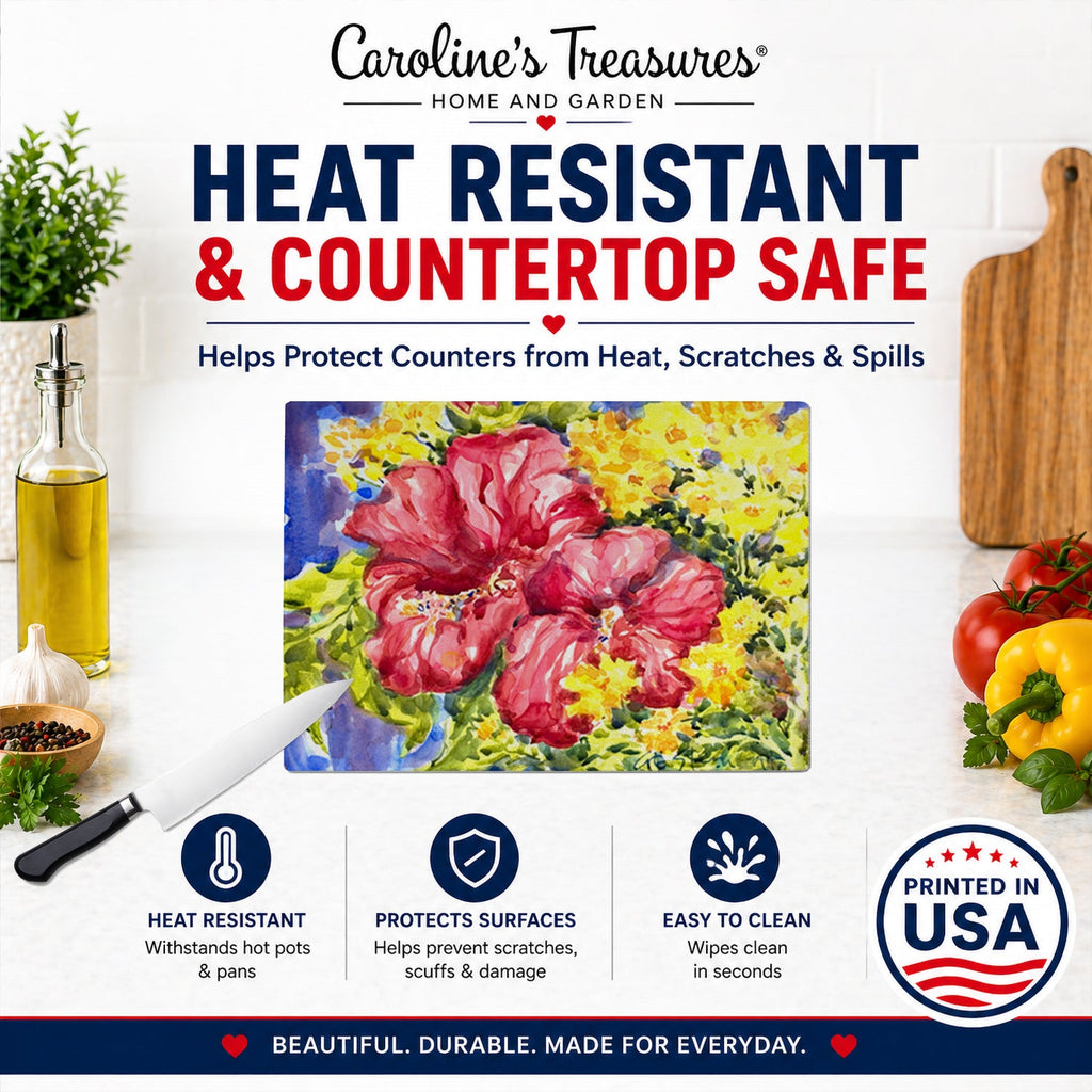 Flower - Hibiscus Cutting Board Tempered Glass Kitchen Cutting Surface, Heat Resistant Chopping, Non-Slip Feet, Food Prep & Serving