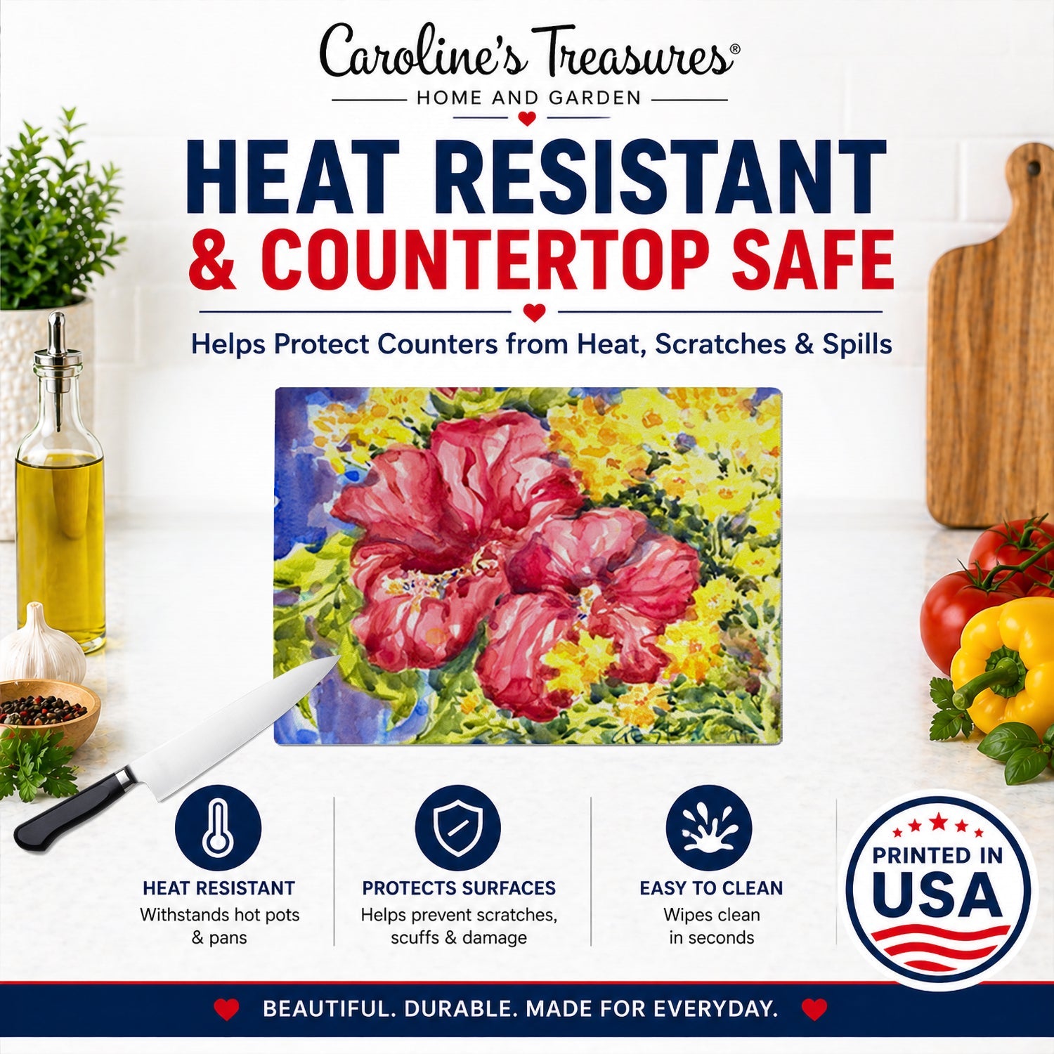 Flower - Hibiscus Cutting Board Tempered Glass Kitchen Cutting Surface, Heat Resistant Chopping, Non-Slip Feet, Food Prep & Serving