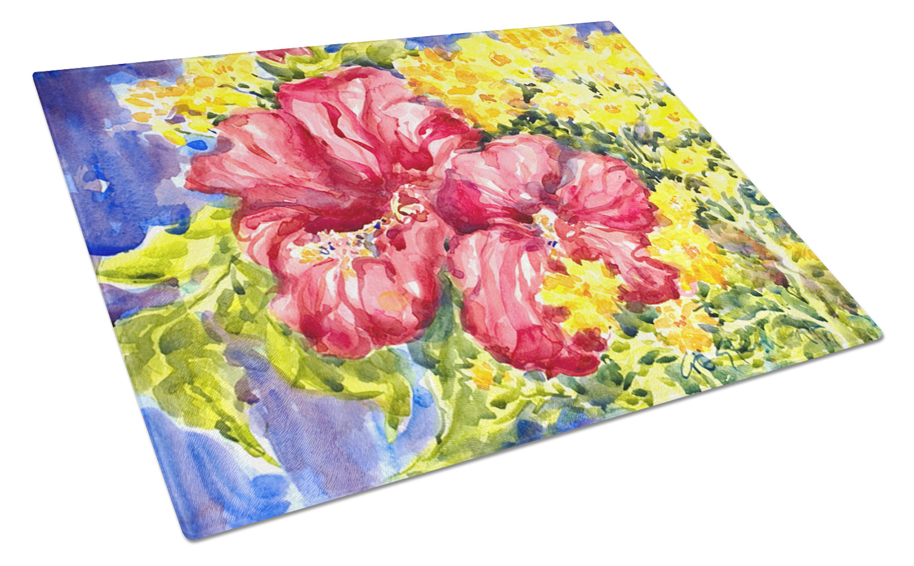 Flower - Hibiscus Cutting Board Tempered Glass Kitchen Cutting Surface, Heat Resistant Chopping, Non-Slip Feet, Food Prep & Serving