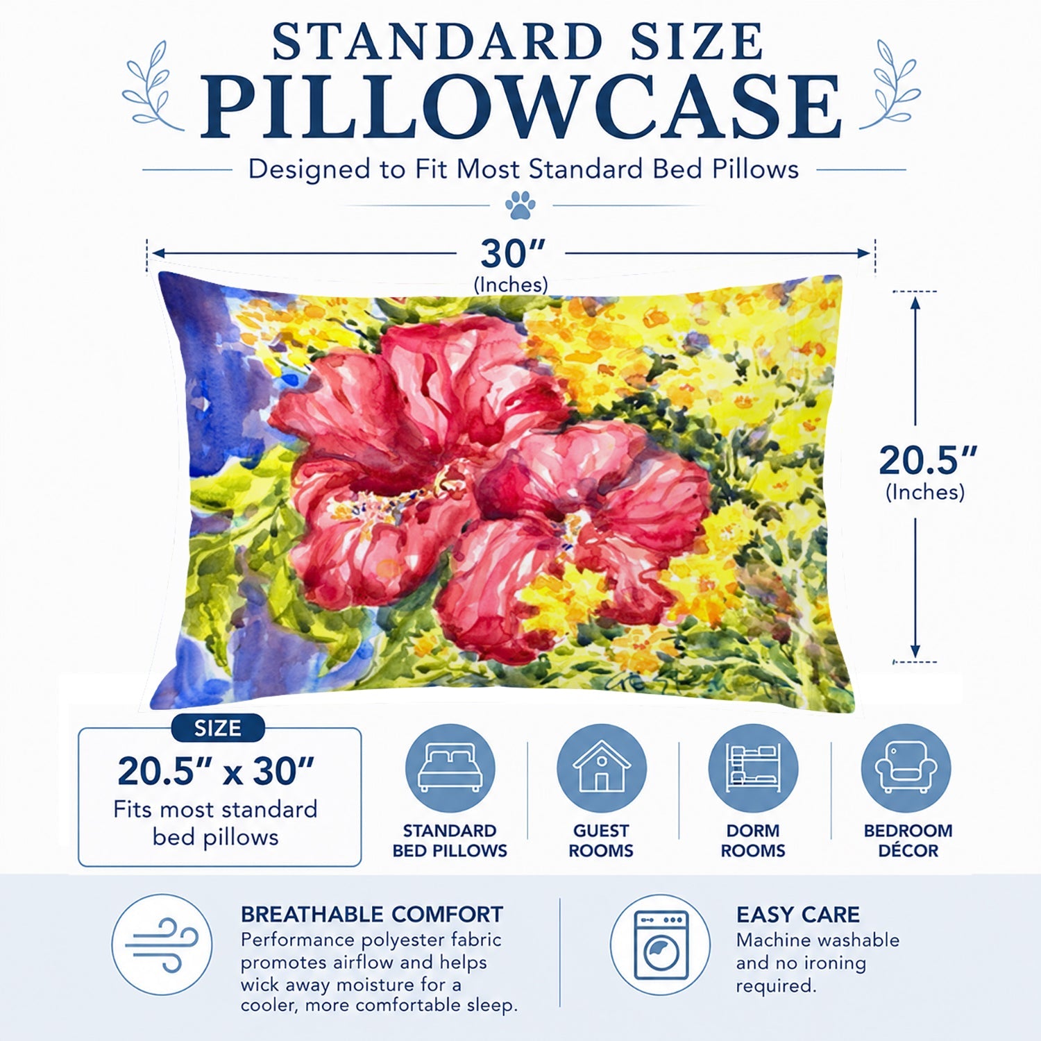 Flower - Hibiscus Standard Pillowcase Lightweight Super Soft Easy Care Decorative Artwork Pillowcase, Standard