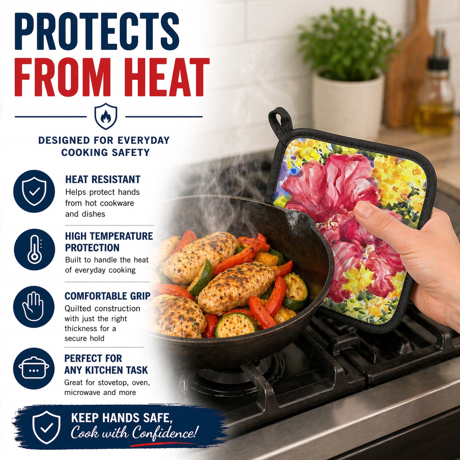 Flower - Hibiscus Pot Holder Set of 2 Heat Resistant Quilted Hot Pads 7.5 x 7.5 Inch, Insulated Kitchen Trivets for Cooking & Baking