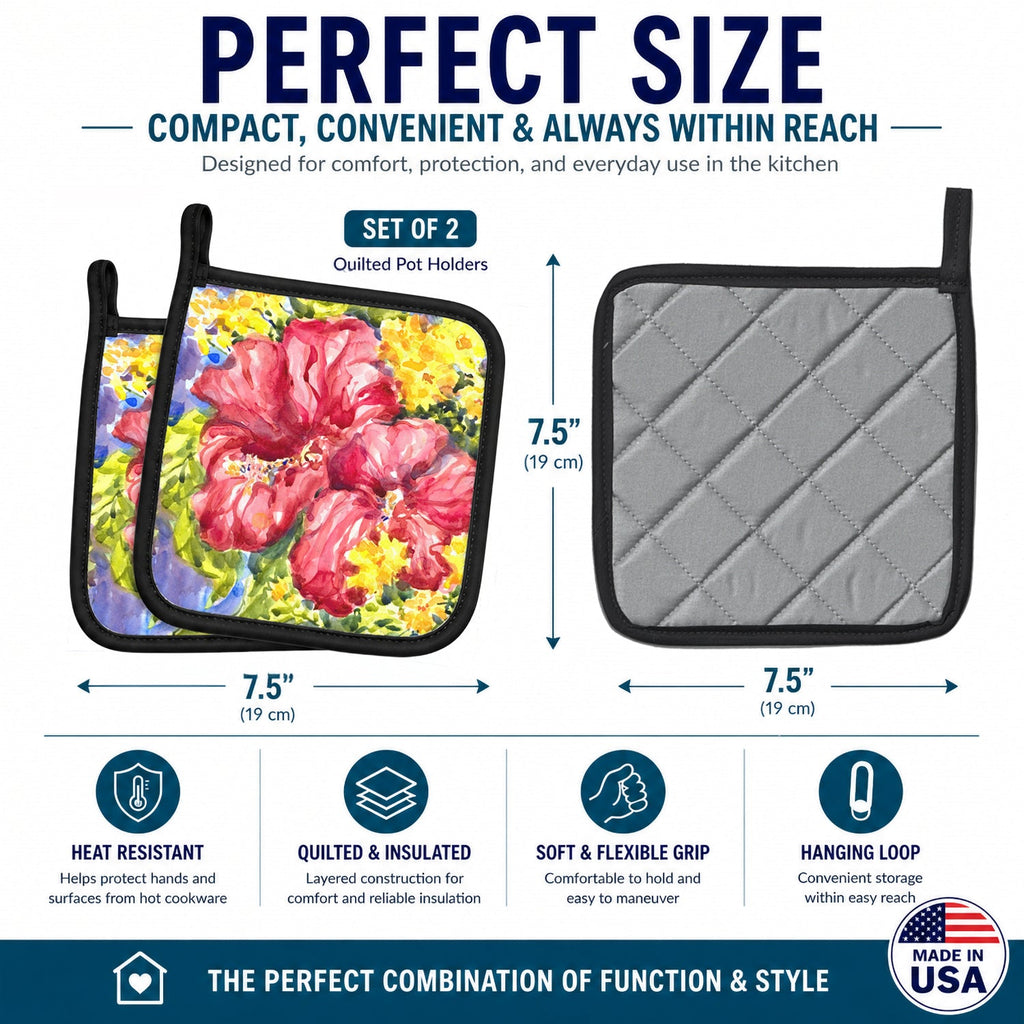 Flower - Hibiscus Pot Holder Set of 2 Heat Resistant Quilted Hot Pads 7.5 x 7.5 Inch, Insulated Kitchen Trivets for Cooking & Baking