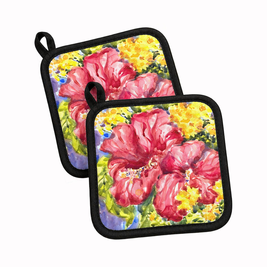 Flower - Hibiscus Pot Holder Set of 2 Heat Resistant Quilted Hot Pads 7.5 x 7.5 Inch, Insulated Kitchen Trivets for Cooking & Baking