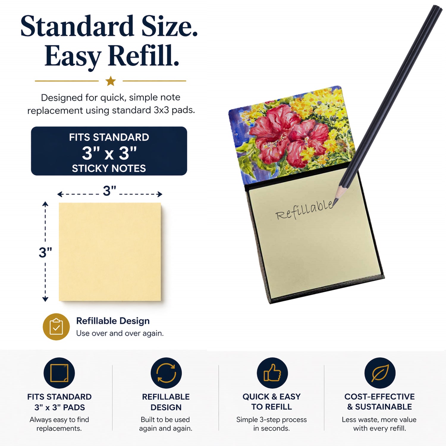Flower - Hibiscus Watercolor Sticky Note Holder Refillable Dispenser Desk Accessory 3x3 Pad Gift