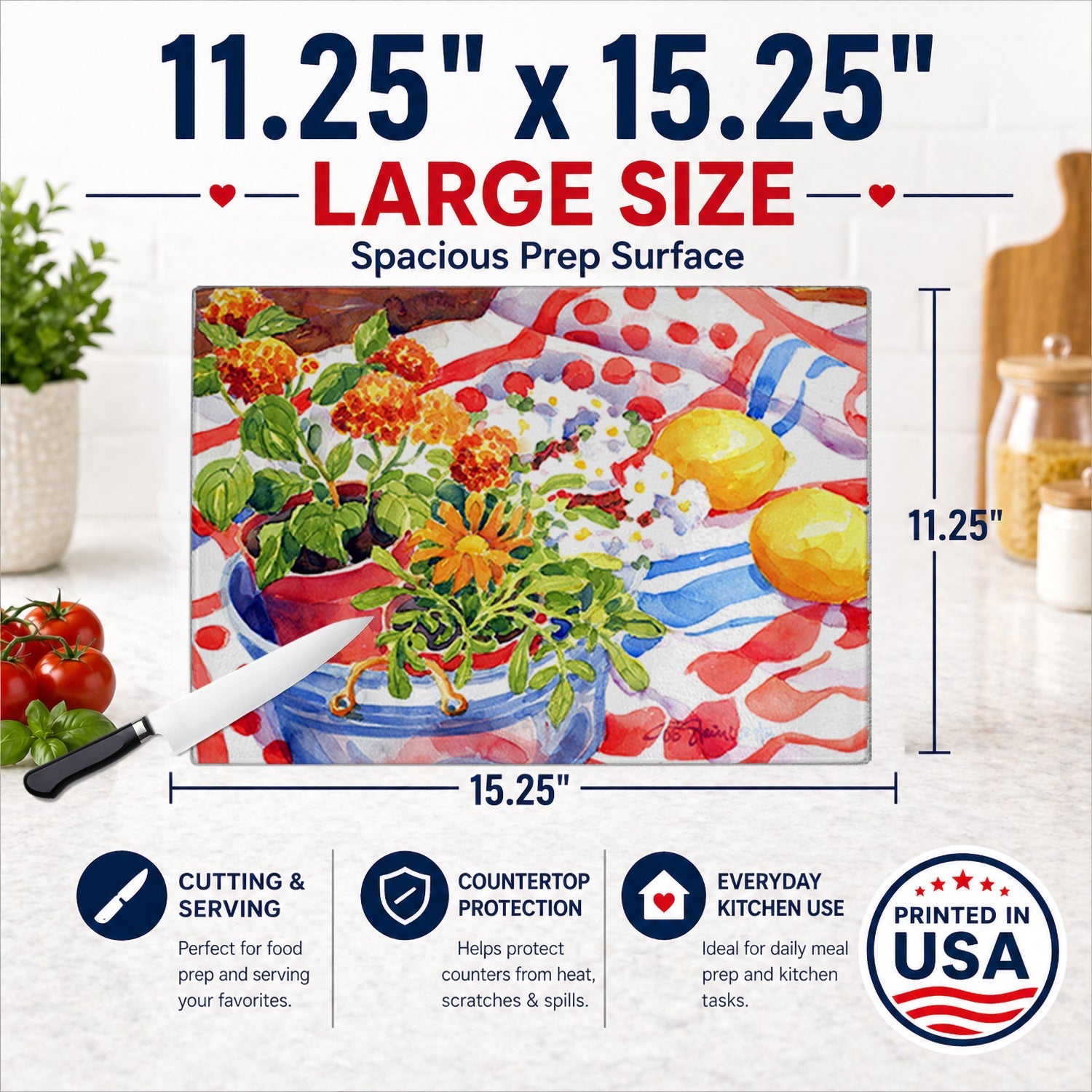 Flowers with a side of lemons Cutting Board Tempered Glass Kitchen Cutting Surface, Heat Resistant Chopping, Non-Slip Feet, Food Prep & Serving
