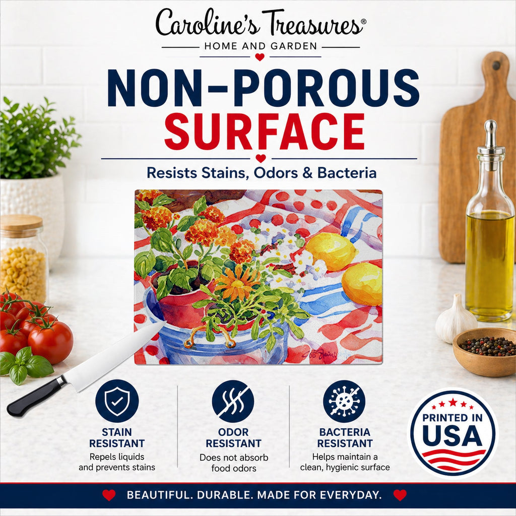 Flowers with a side of lemons Cutting Board Tempered Glass Kitchen Cutting Surface, Heat Resistant Chopping, Non-Slip Feet, Food Prep & Serving
