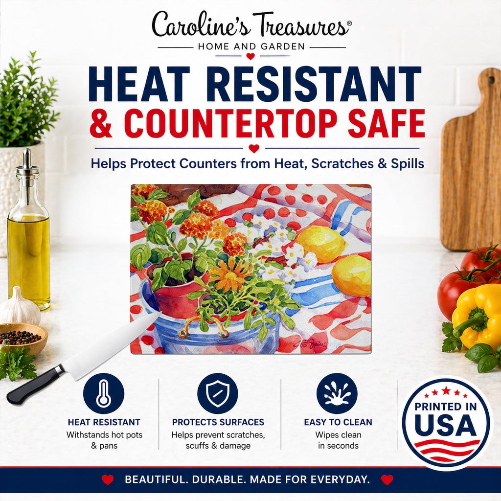 Flowers with a side of lemons Cutting Board Tempered Glass Kitchen Cutting Surface, Heat Resistant Chopping, Non-Slip Feet, Food Prep & Serving