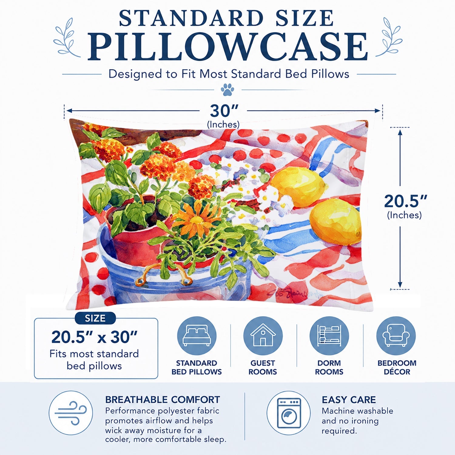 Flowers with a side of lemons Standard Pillowcase Lightweight Super Soft Easy Care Decorative Artwork Pillowcase, Standard