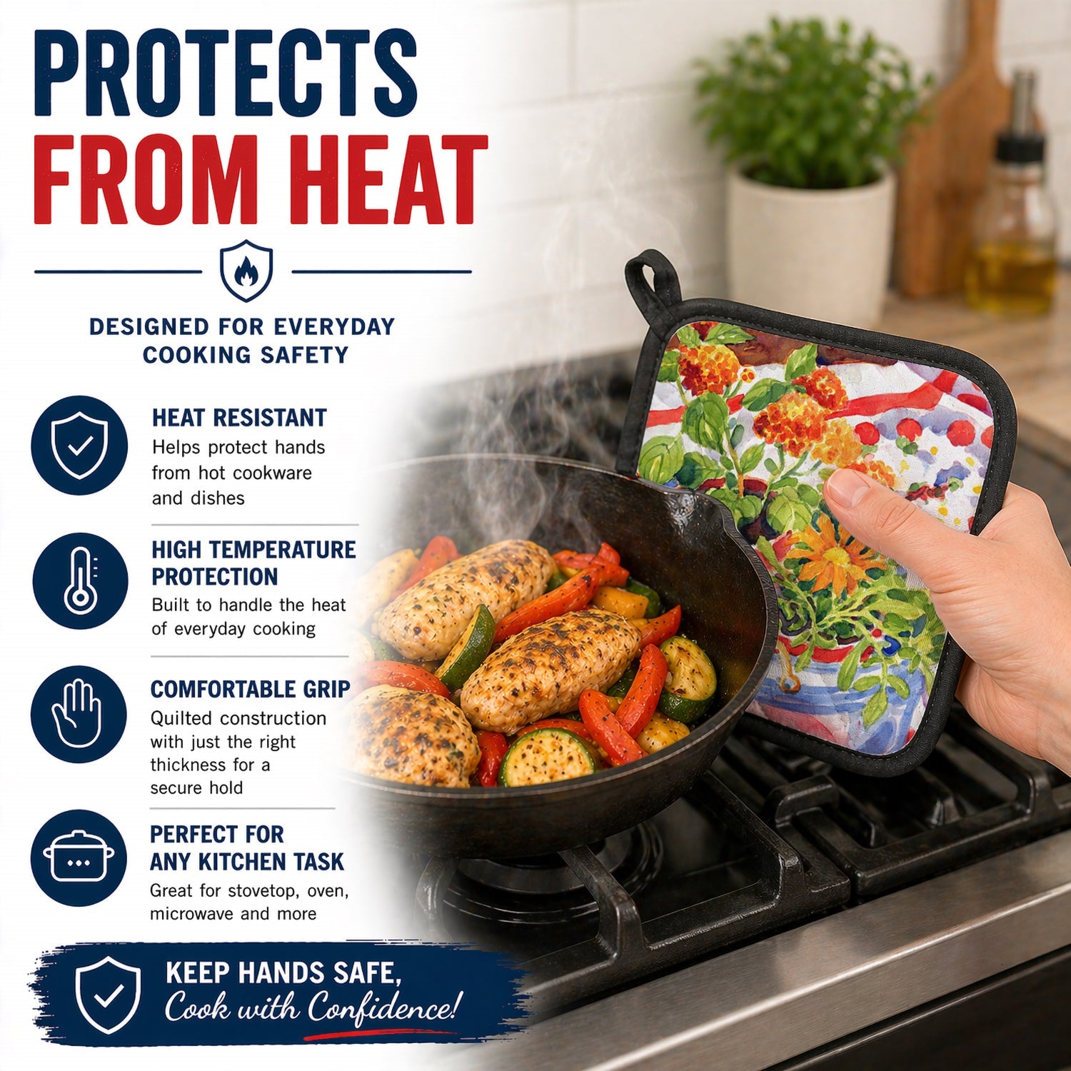 Flowers with a side of lemons Pot Holder Set of 2 Heat Resistant Quilted Hot Pads 7.5 x 7.5 Inch, Insulated Kitchen Trivets for Cooking & Baking