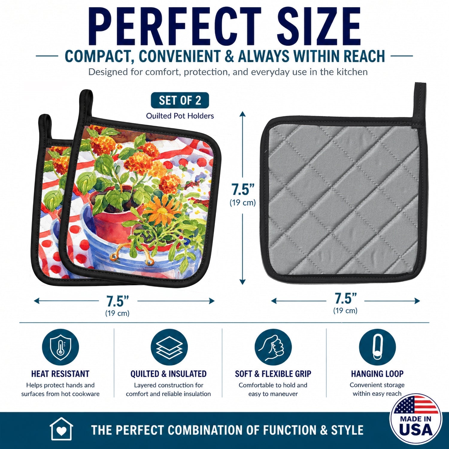 Flowers with a side of lemons Pot Holder Set of 2 Heat Resistant Quilted Hot Pads 7.5 x 7.5 Inch, Insulated Kitchen Trivets for Cooking & Baking