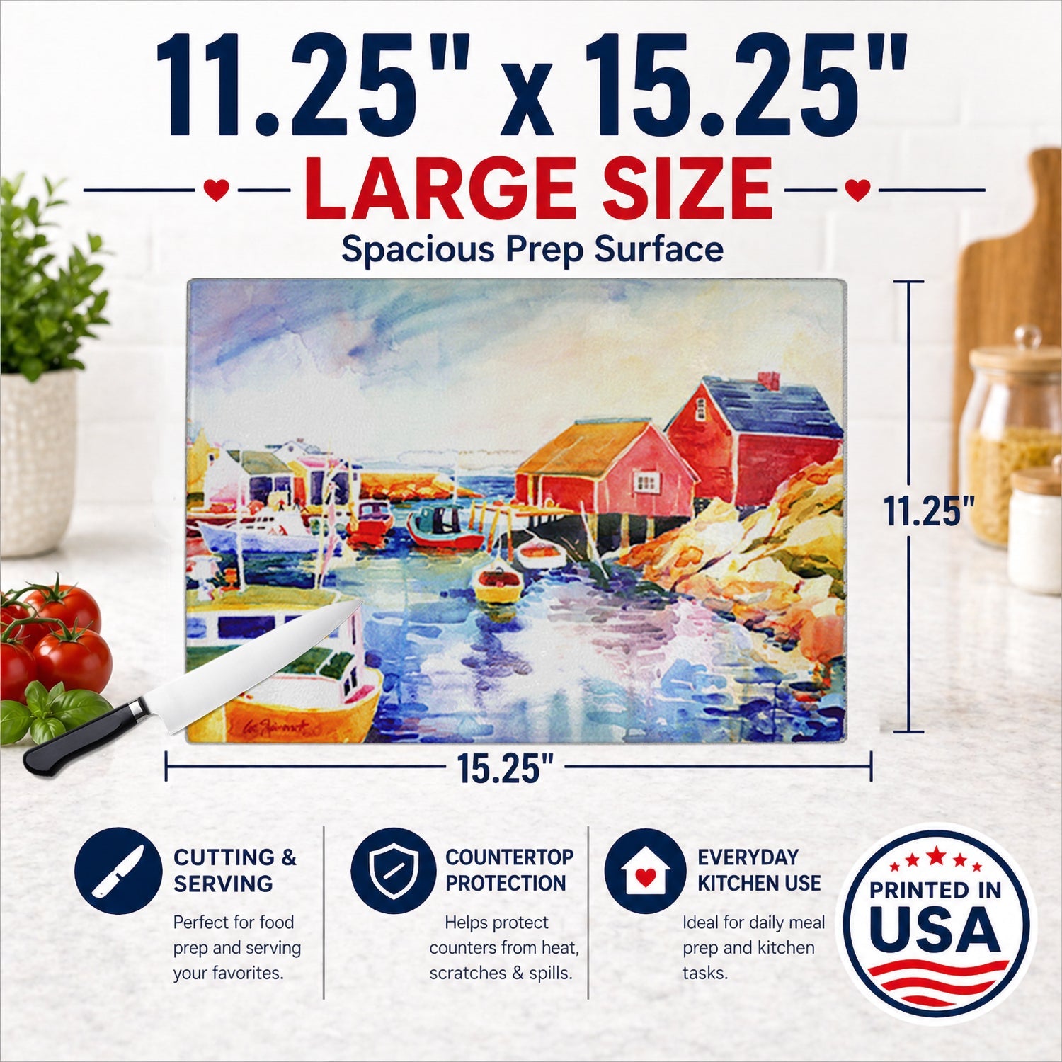 Boats at Harbour with a view Cutting Board Tempered Glass Kitchen Cutting Surface, Heat Resistant Chopping, Non-Slip Feet, Food Prep & Serving