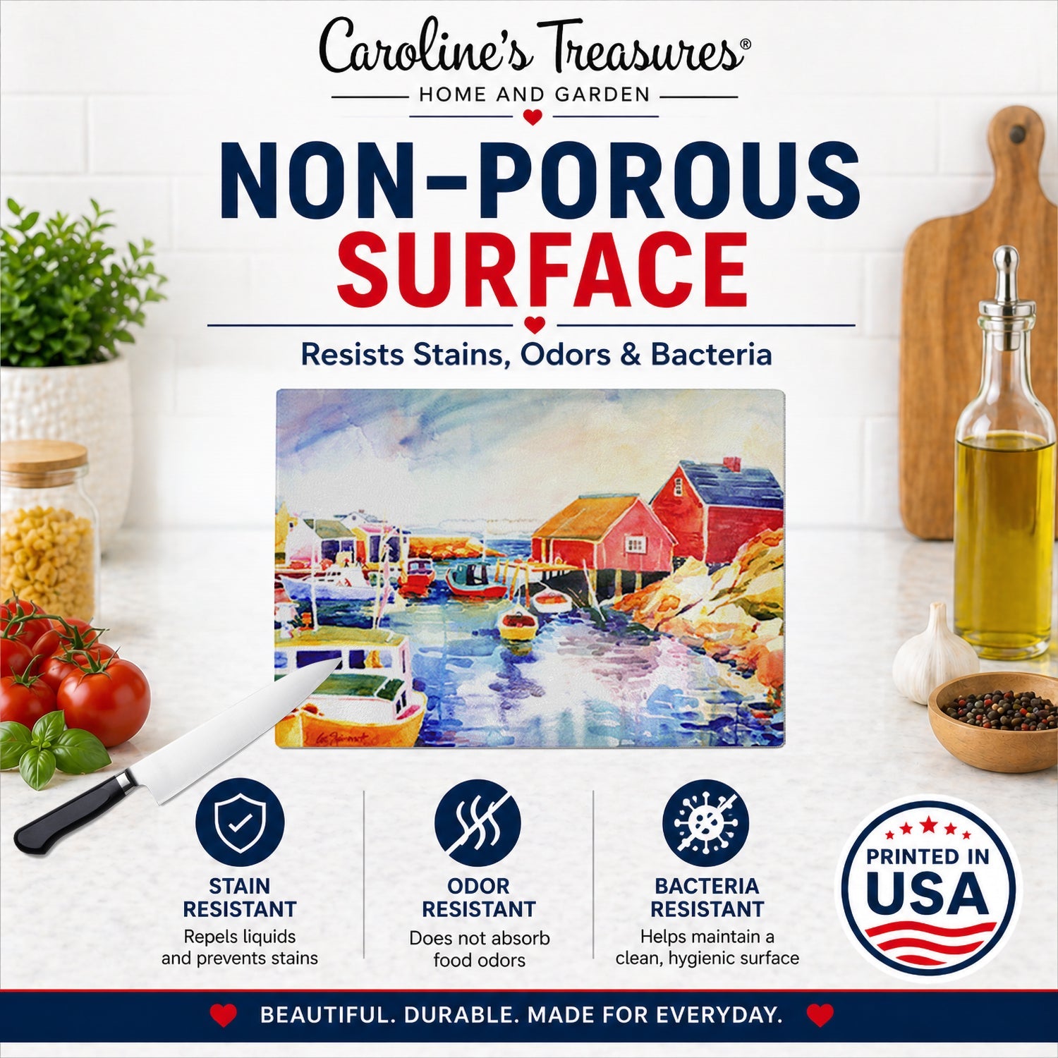 Boats at Harbour with a view Cutting Board Tempered Glass Kitchen Cutting Surface, Heat Resistant Chopping, Non-Slip Feet, Food Prep & Serving