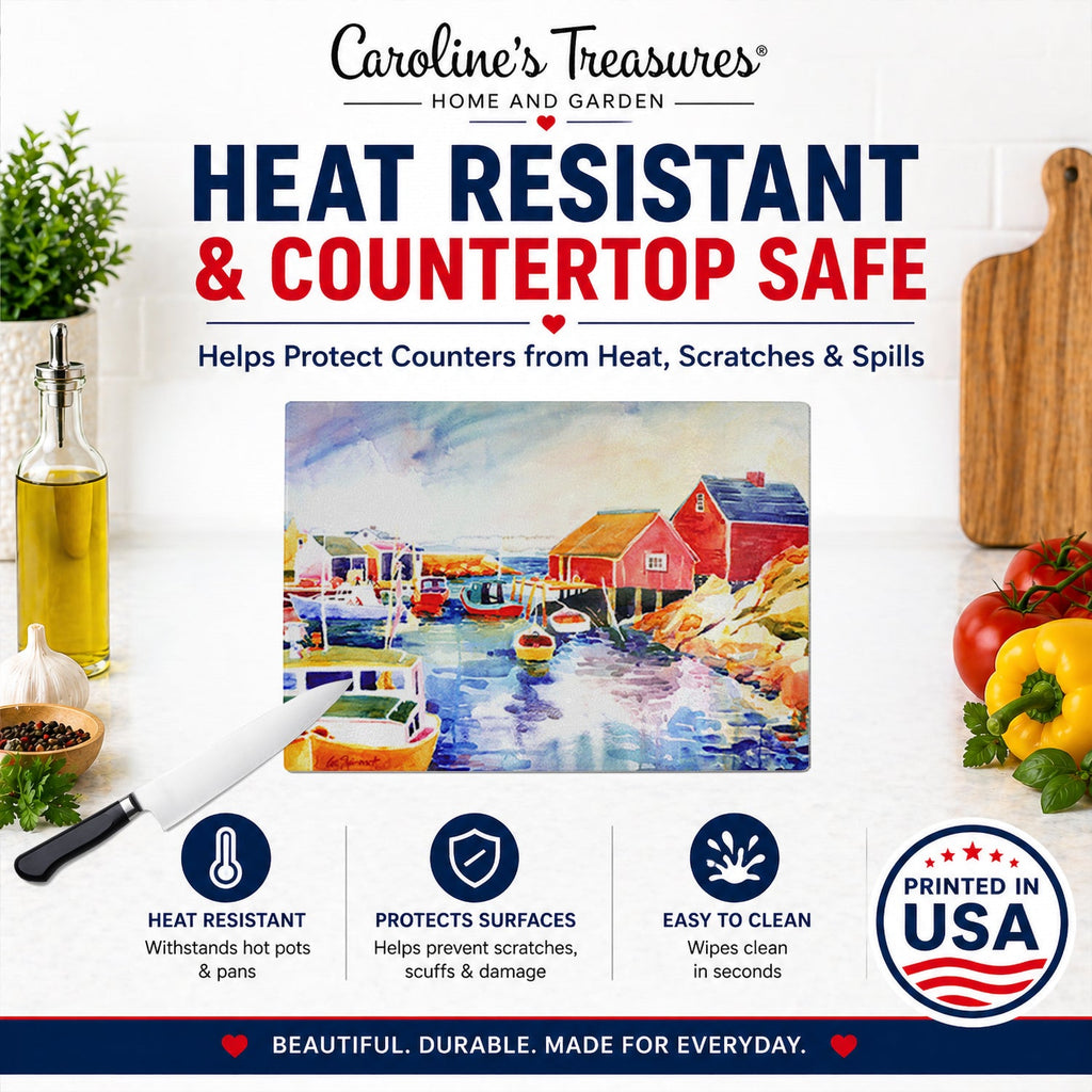 Boats at Harbour with a view Cutting Board Tempered Glass Kitchen Cutting Surface, Heat Resistant Chopping, Non-Slip Feet, Food Prep & Serving