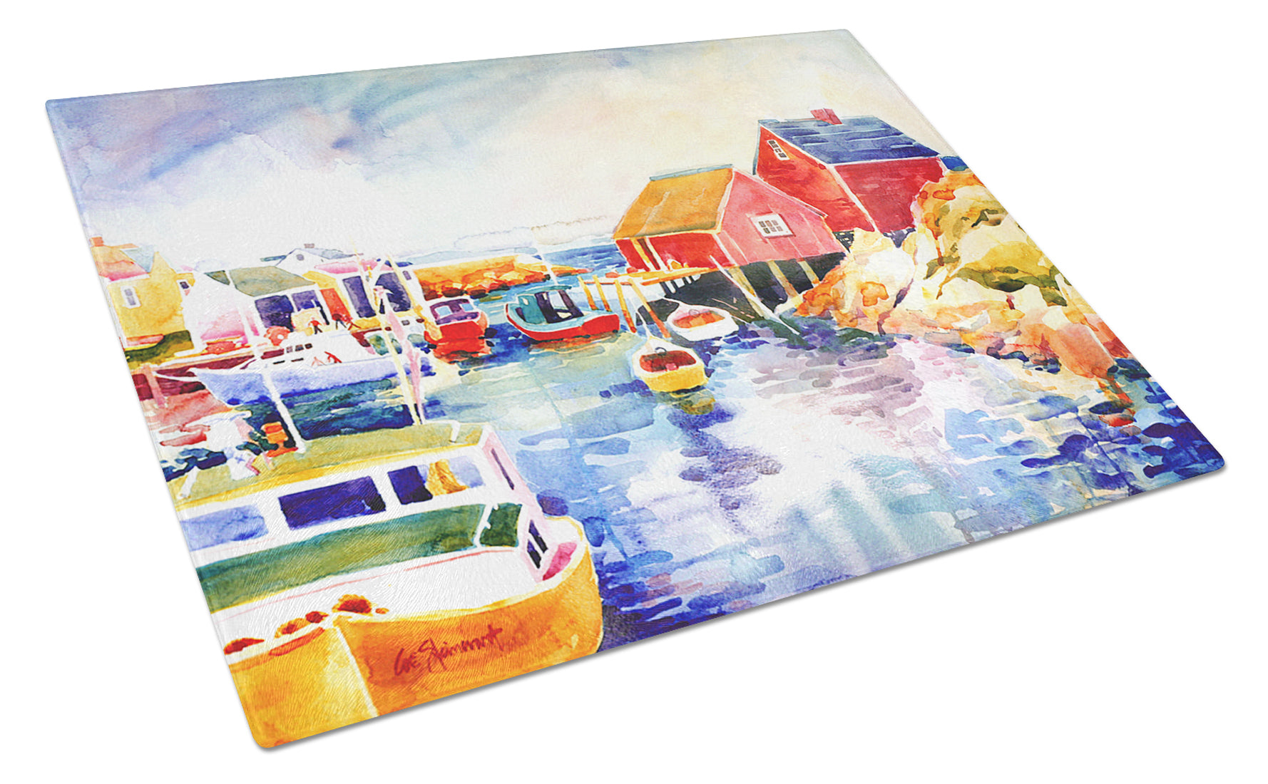 Boats at Harbour with a view Cutting Board Tempered Glass Kitchen Cutting Surface, Heat Resistant Chopping, Non-Slip Feet, Food Prep & Serving
