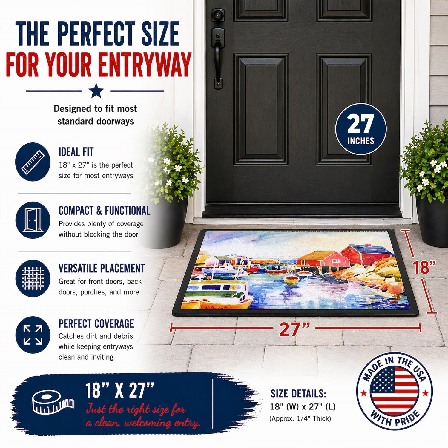 Boats at Harbour with a view Doormat Indoor Outdoor 18H X 27W Front Door Mat Rugs for Entryway, Non Slip Washable