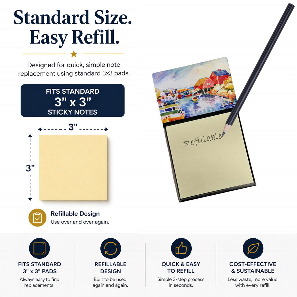 Boats at Harbour with a view Watercolor Sticky Note Holder Refillable Dispenser Desk Accessory 3x3 Pad Gift