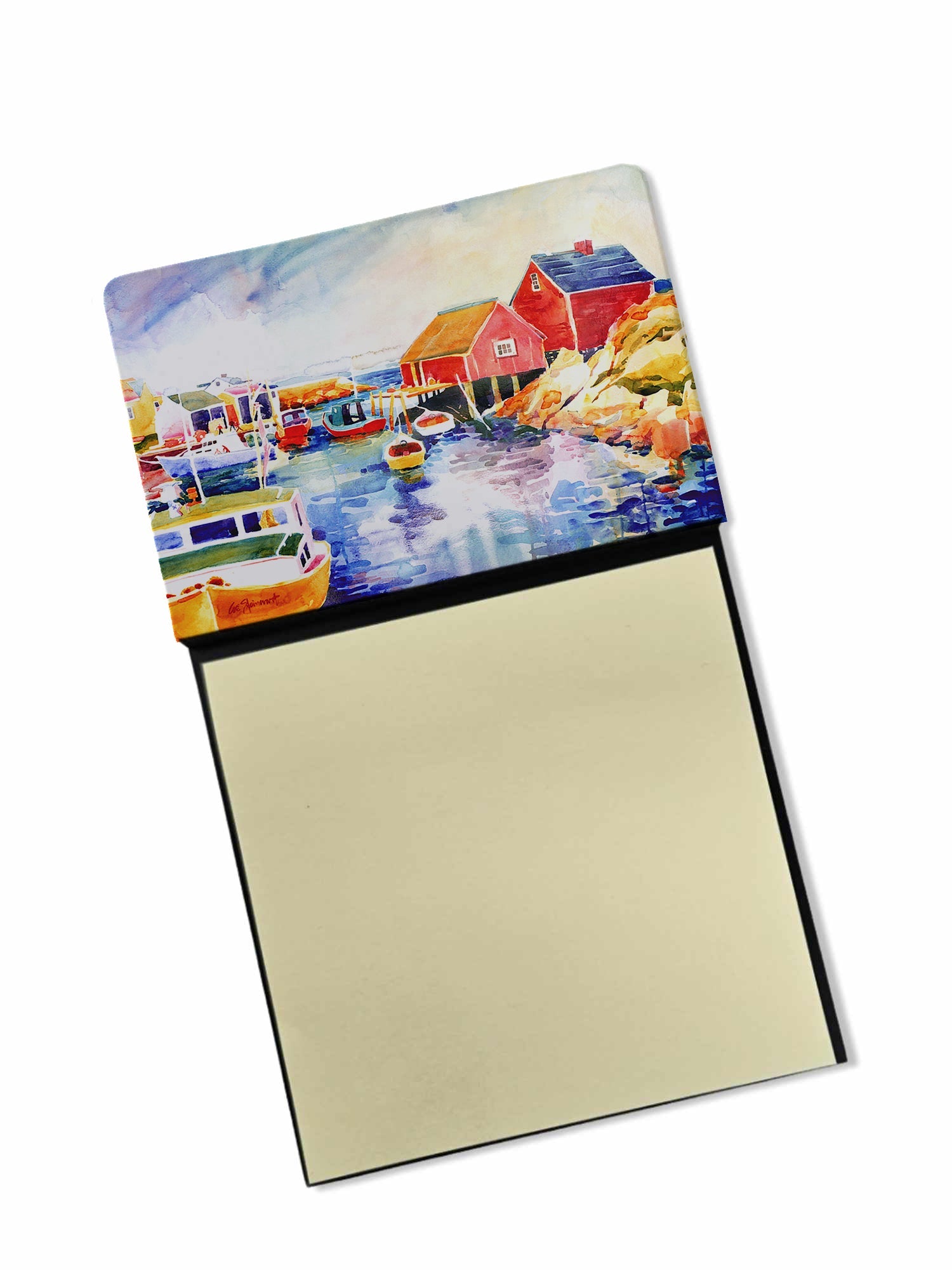 Boats at Harbour with a view Watercolor Sticky Note Holder Refillable Dispenser Desk Accessory 3x3 Pad Gift