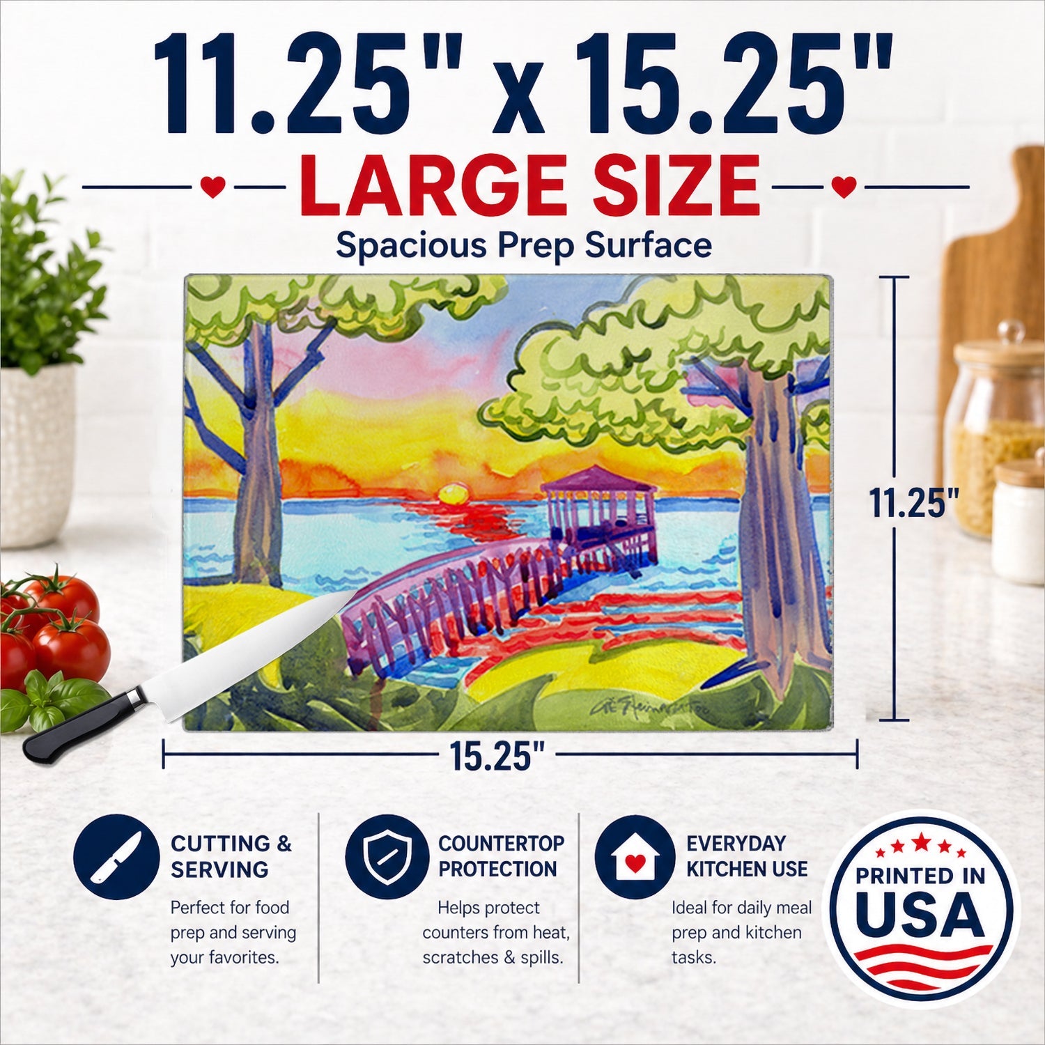 Dock at the pier Cutting Board Tempered Glass Kitchen Cutting Surface, Heat Resistant Chopping, Non-Slip Feet, Food Prep & Serving