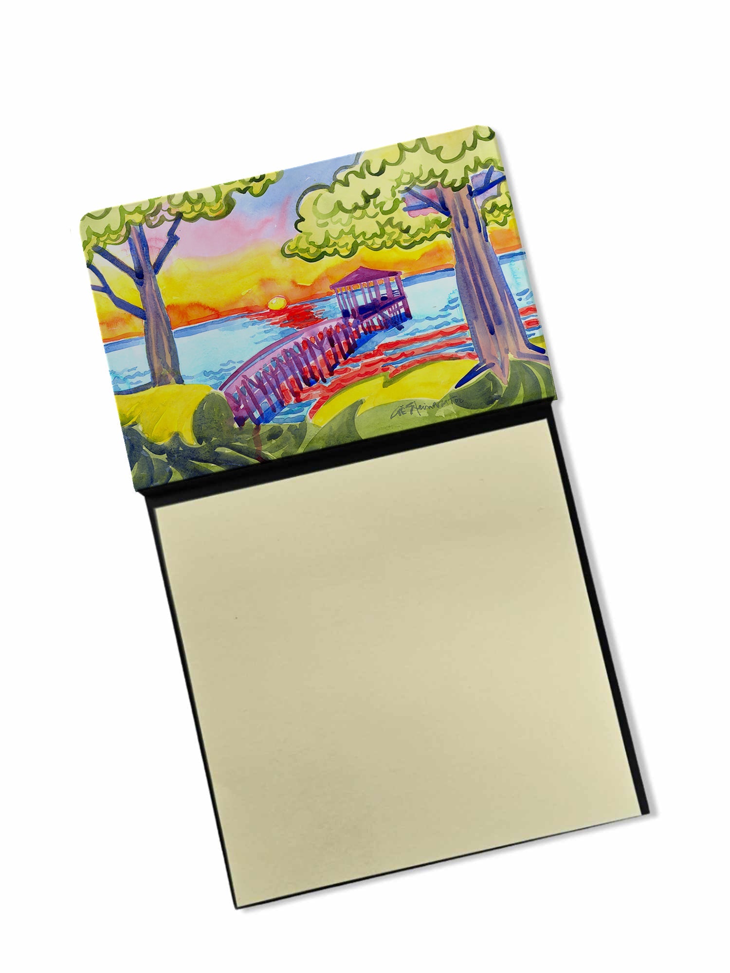 Dock at the pier Watercolor Sticky Note Holder Refillable Dispenser Desk Accessory 3x3 Pad Gift