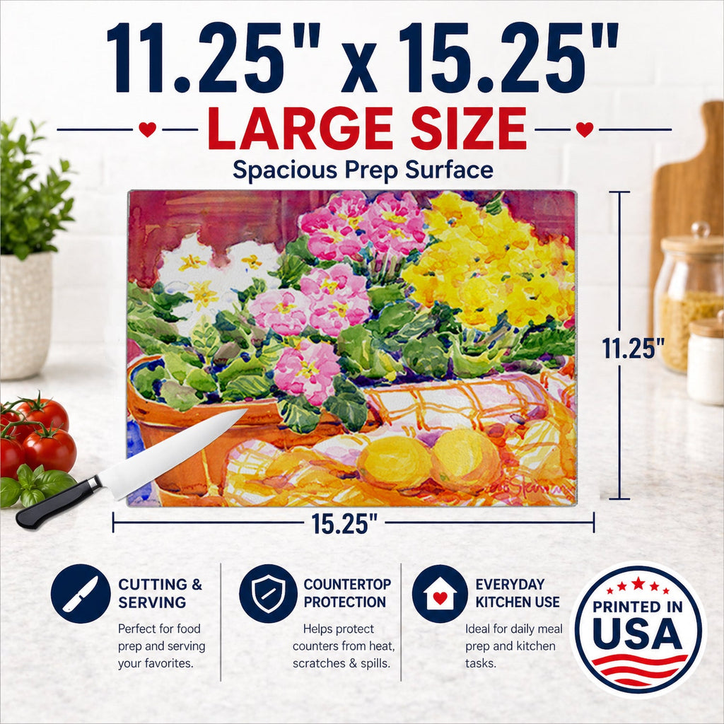 Flower - Primroses Cutting Board Tempered Glass Kitchen Cutting Surface, Heat Resistant Chopping, Non-Slip Feet, Food Prep & Serving